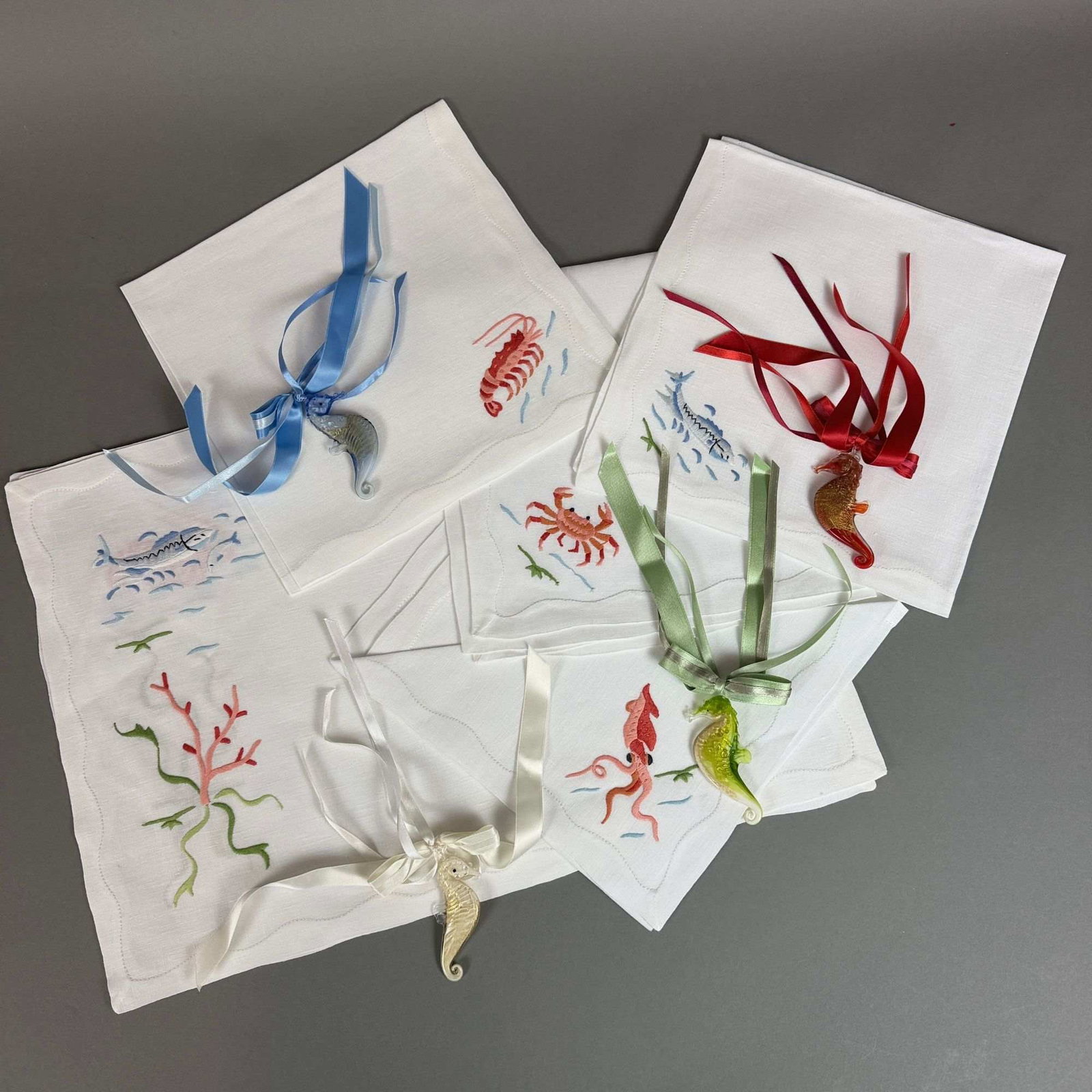 12pc Embroidered Linen Napkins, Placemats, and Glass Seahorse Ornaments (1 of 4)