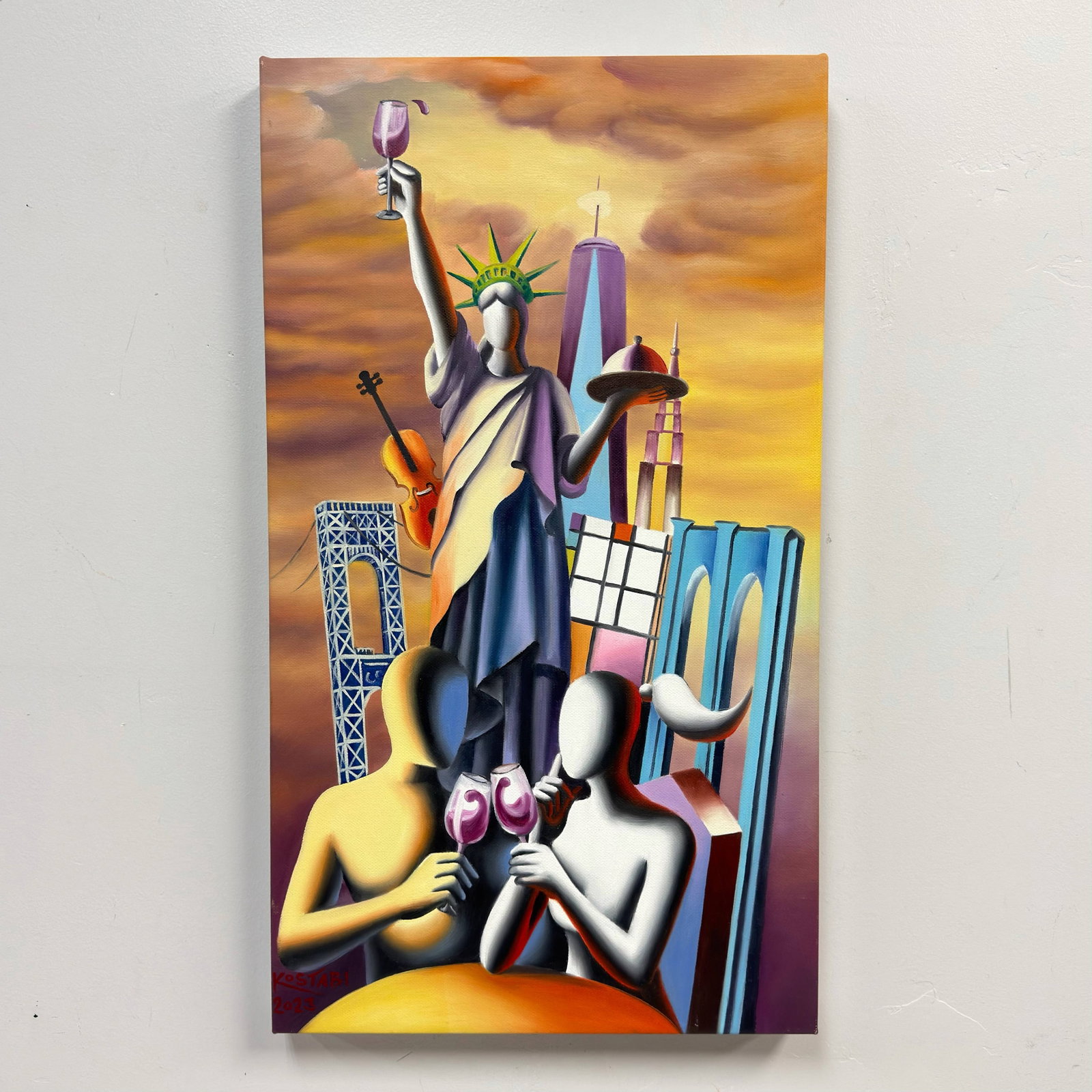 Mark Kostabi (American, b. 1960), Manhattan Twilight Dream, 2023, Oil on Canvas (1 of 4)