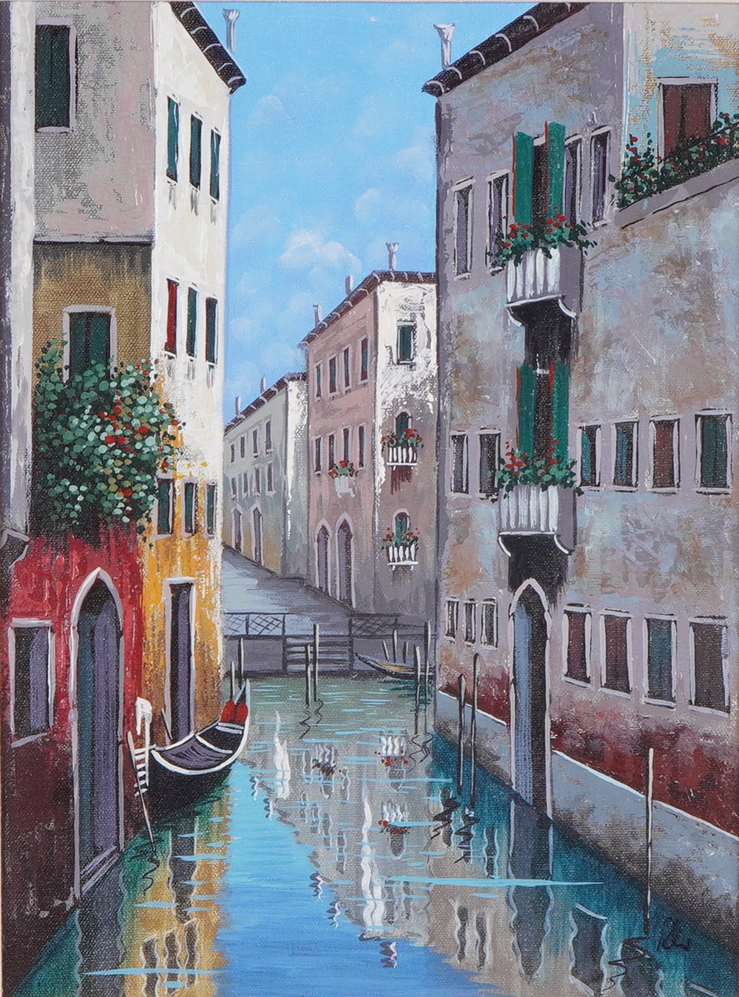 Venetian Canal Scene, Unsigned Oil on Canvas: This charming oil on canvas depicts a tranquil Venetian canal framed by pastel-toned historic architecture. The composition captures the romantic atmosphere of Venice, with a traditional gondola moore