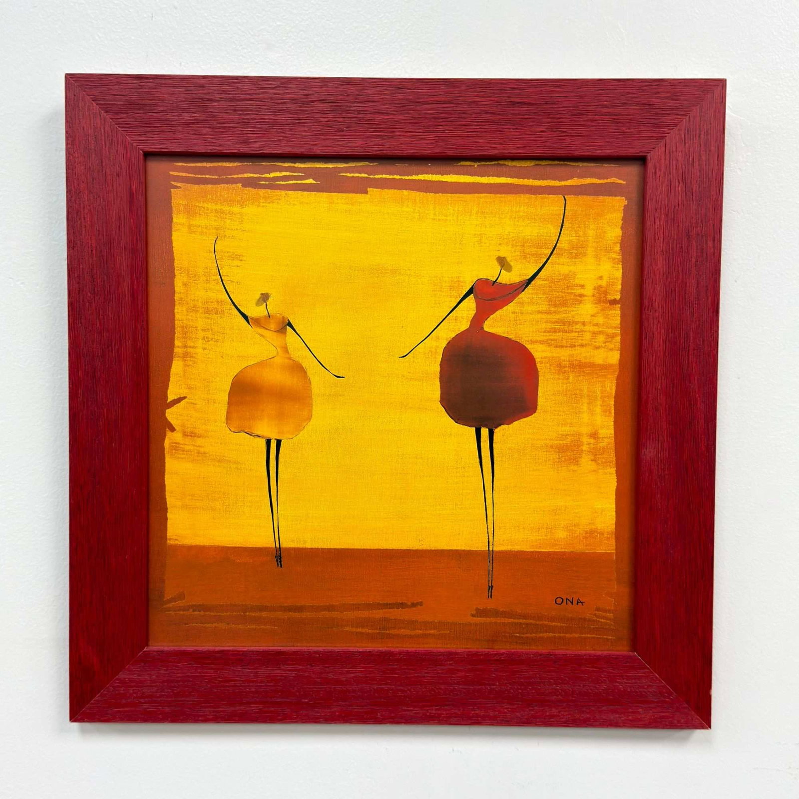 Thierry Ona, Dancers, Color Print on Paper: This work is a color print on paper by the artist Thierry Ona, titled Dancers. The composition features two elongated, stylized female figures rendered in a minimalist, mid-century modern aesthetic. O