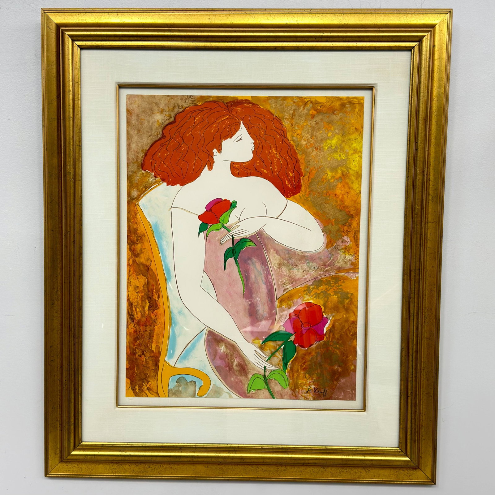 Linda Le Kinff (French, b. 1949), Seated Woman with Roses, Hand-Embellished Serigraph: A professionally framed, hand-embellished limited-edition serigraph on paper by French artist Linda Le Kinff (born 1949). The artwork depicts a stylized woman with voluminous, wavy red hair seated in 