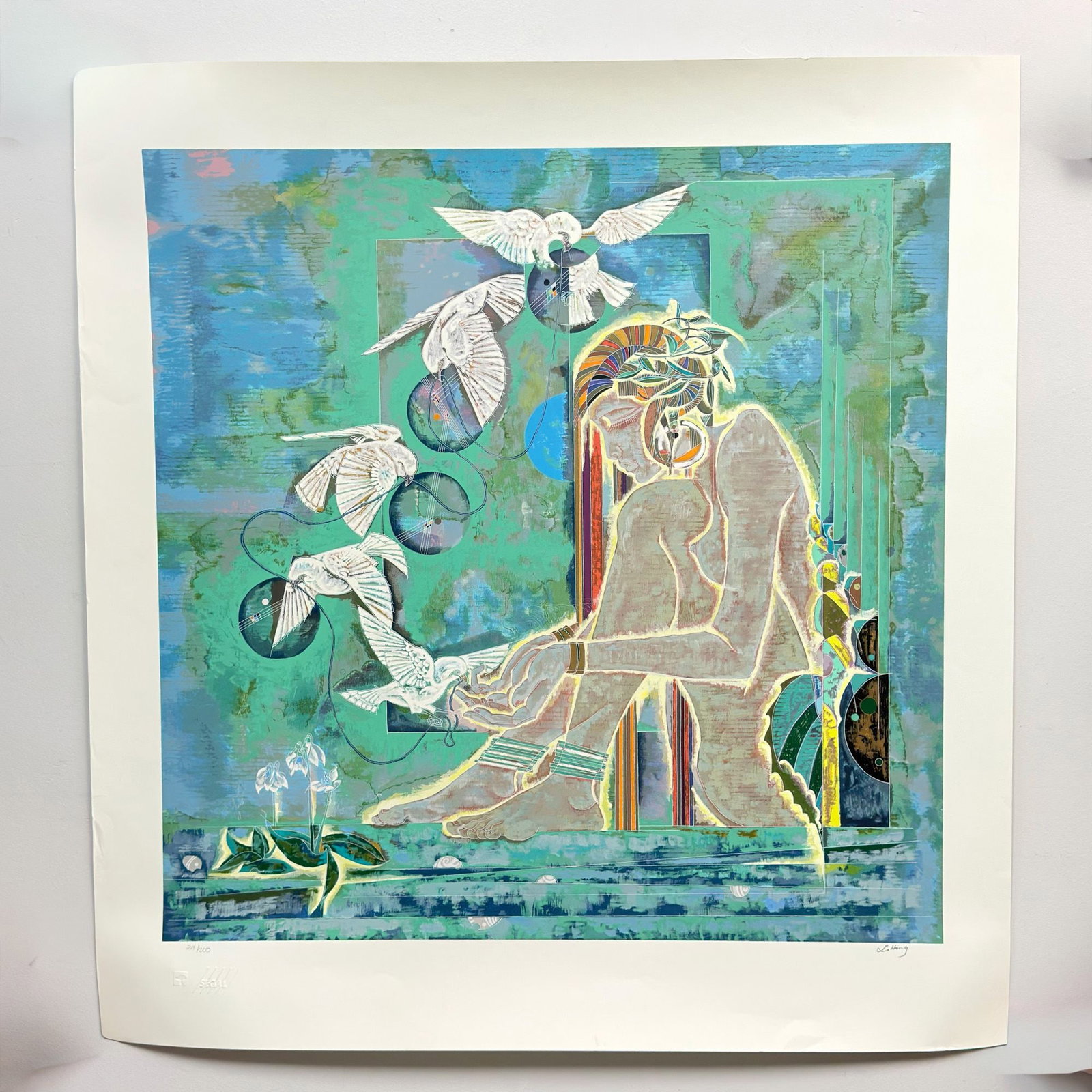 Lu Hong Morning Sonata Serigraph on Paper Signed and Numbered 264/300: A serigraph on paper by artist Lu Hong (Chinese, b. 1959) titled Morning Sonata. The stylized composition features a seated female figure wearing an elaborate, multicolored headdress, shown interactin