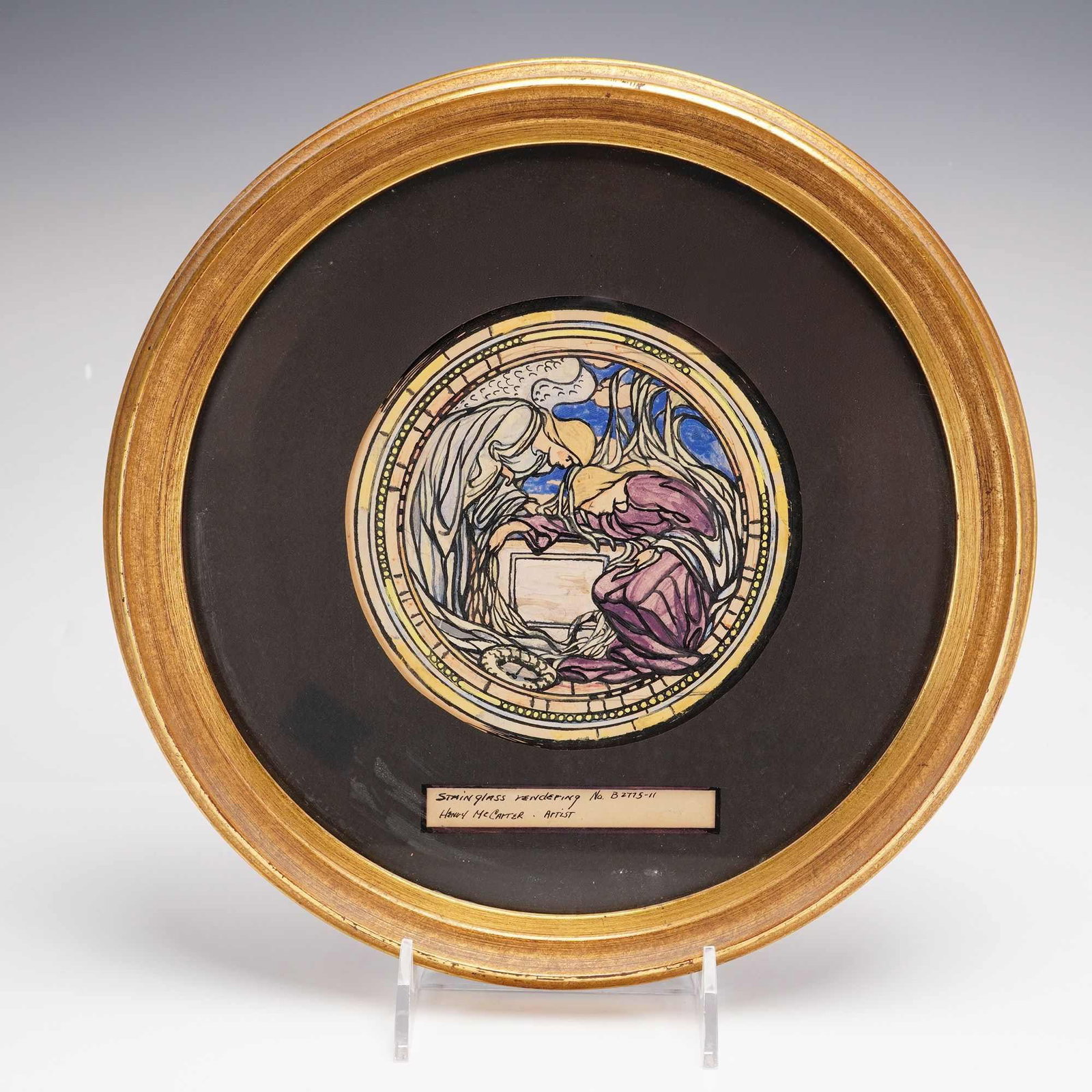 Henry McCarter Circular Framed Stained Glass Rendering after Hans Holbein the Younger: This circular framed stained glass rendering is a watercolor study by Philadelphia artist and illustrator Henry McCarter (United States, 1864-1942). The composition is a rendering after the Tantalus d