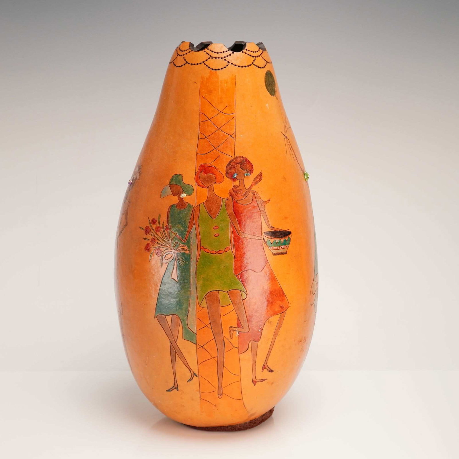 Mid-Century Modern Hand-Painted and Pyro-Engraved African Inspired Decorative Gourd (1 of 3)