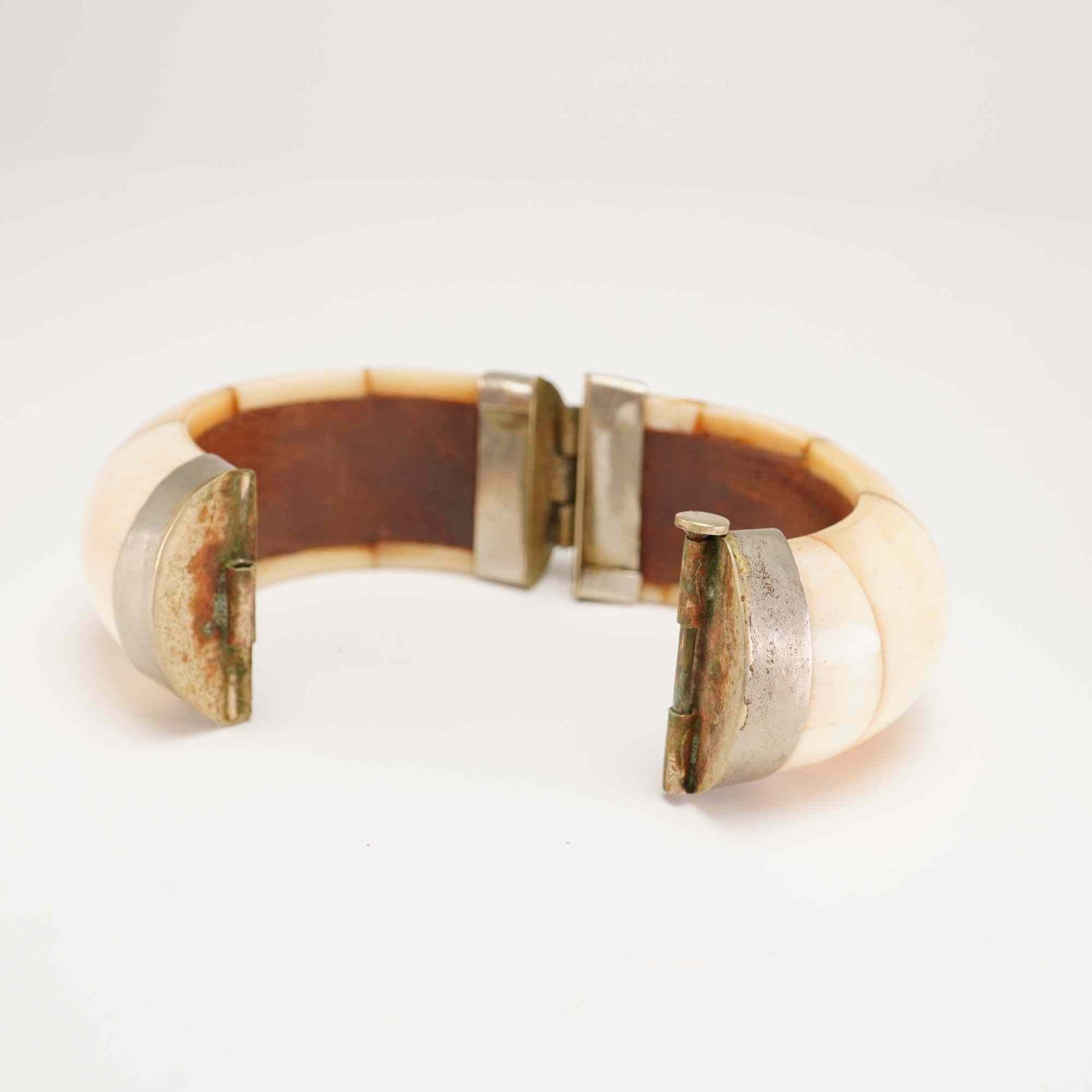 Bone Panel Hinged Bangle Bracelet with Silver-Tone Metal Frame - 2