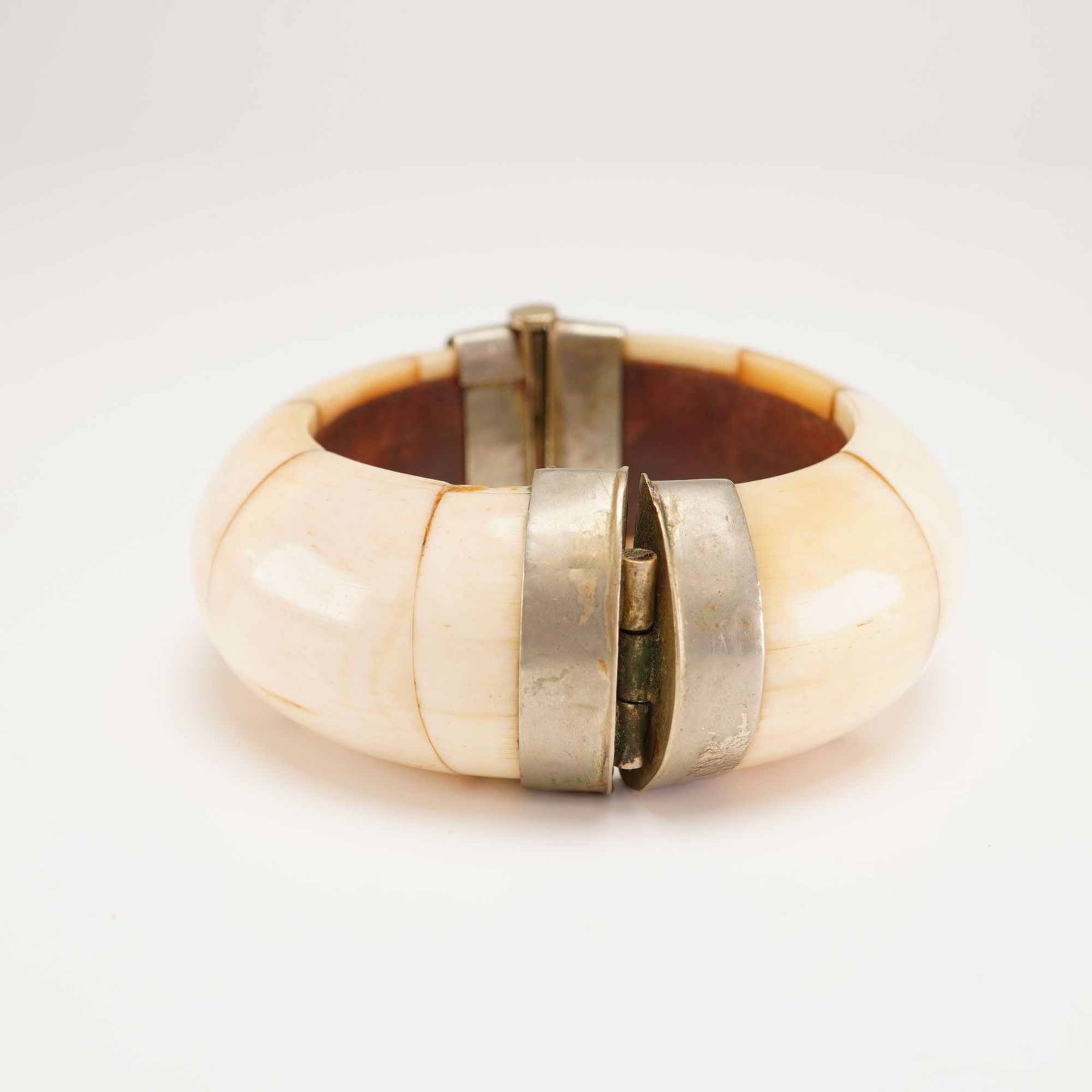 Bone Panel Hinged Bangle Bracelet with Silver-Tone Metal Frame - 3