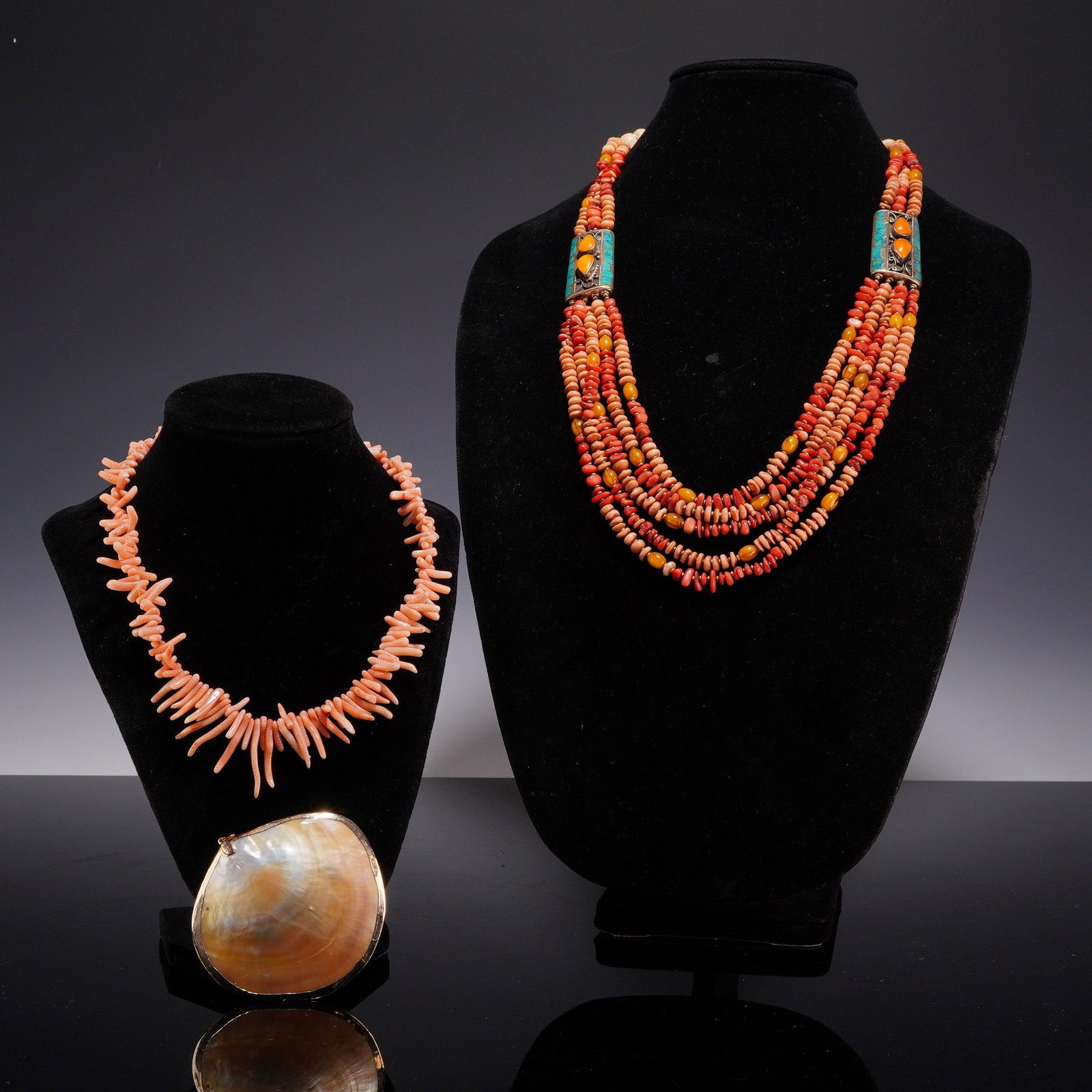 3pc Costume Jewelry Set Including Two Coral Necklaces and a Mother-of-Pearl Pendant (1 of 4)