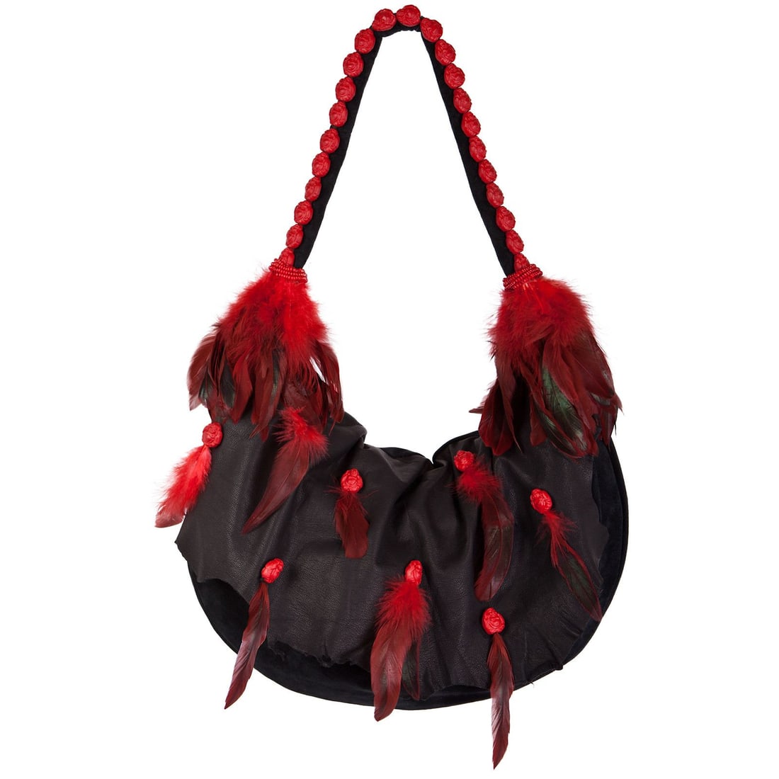 Irene Marie Angel Bag, Toni Precious Grande Leather: One-of-a-kind, unique creation, couture black suede precious bag with red coque feathers and red cinnabar handle. Lining Red and black zebra print. Handle Red cinnabar Buddha carved stones and coral