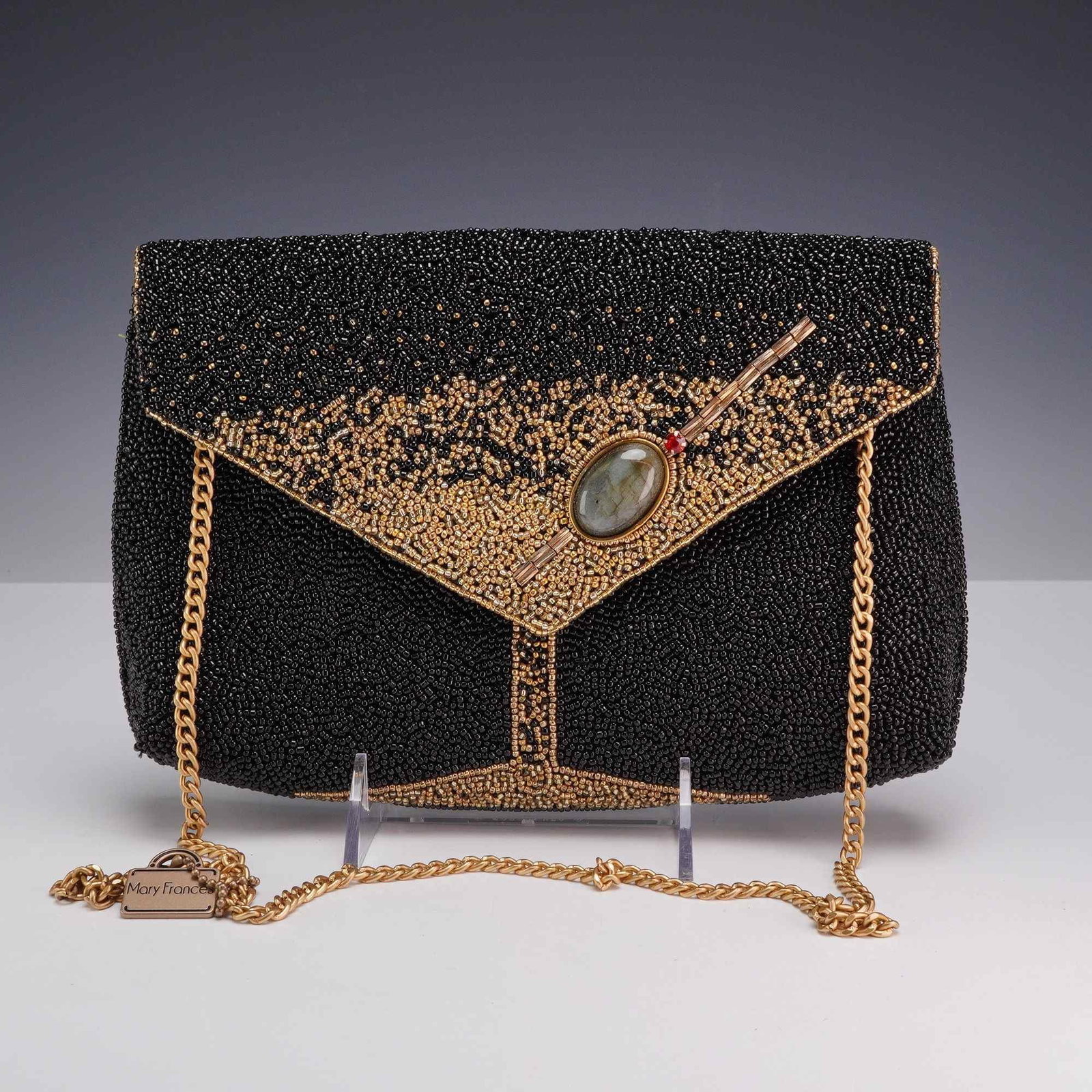 Mary Frances Olive You Beaded Martini Crossbody Clutch Bag: A Mary Frances Olive You novelty beaded evening bag in an envelope clutch silhouette. The exterior is extensively hand-beaded with black and gold-toned seed beads, featuring a central martini glass mo