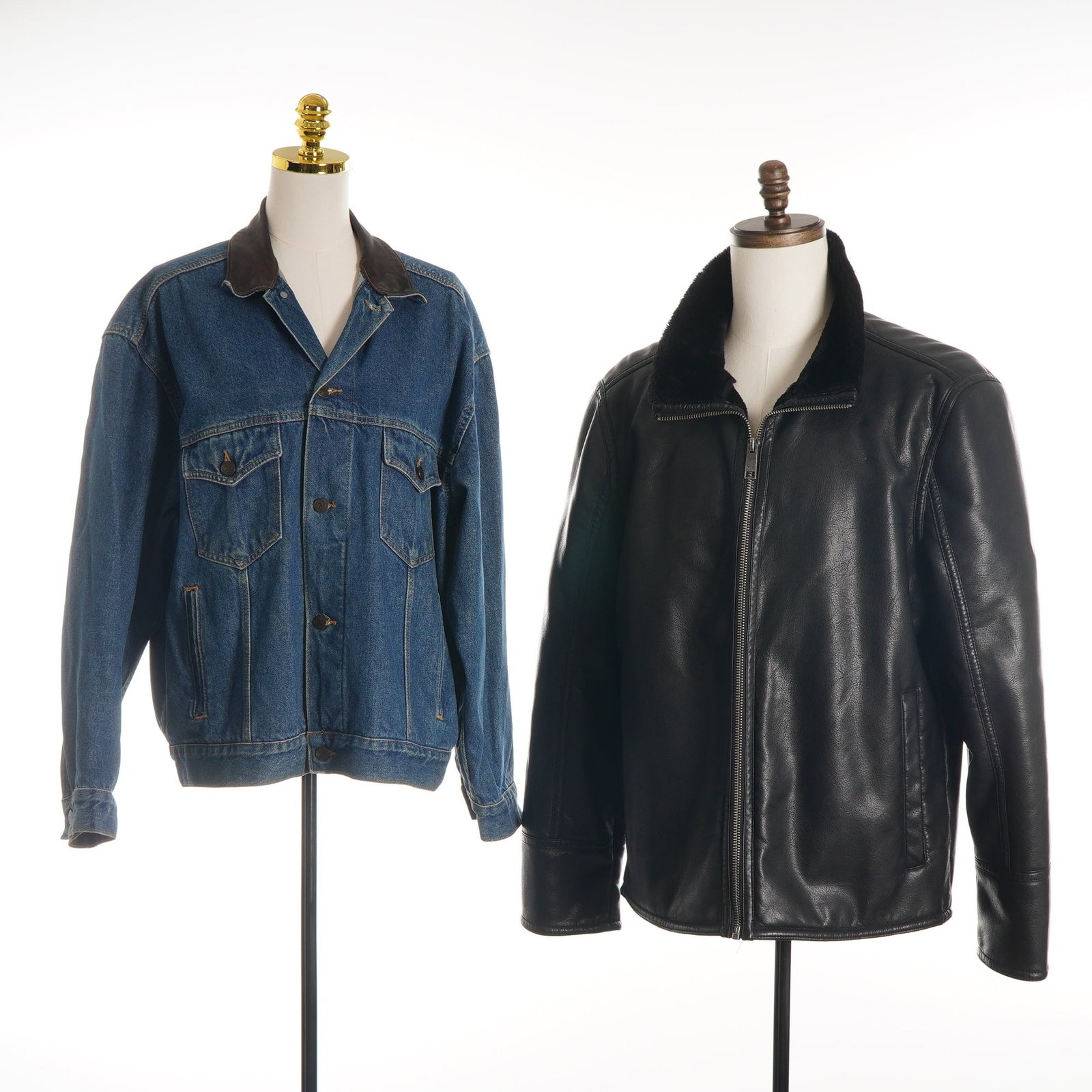 2pc Men's Jackets Including One Andrew Marc Leather Jacket and One Marlboro Country Store Denim: This lot contains two men's jackets of varying styles. The first is a Marc New York Andrew Marc black leather flight-style jacket in size XL. It features a grain leather exterior with a full metal zip