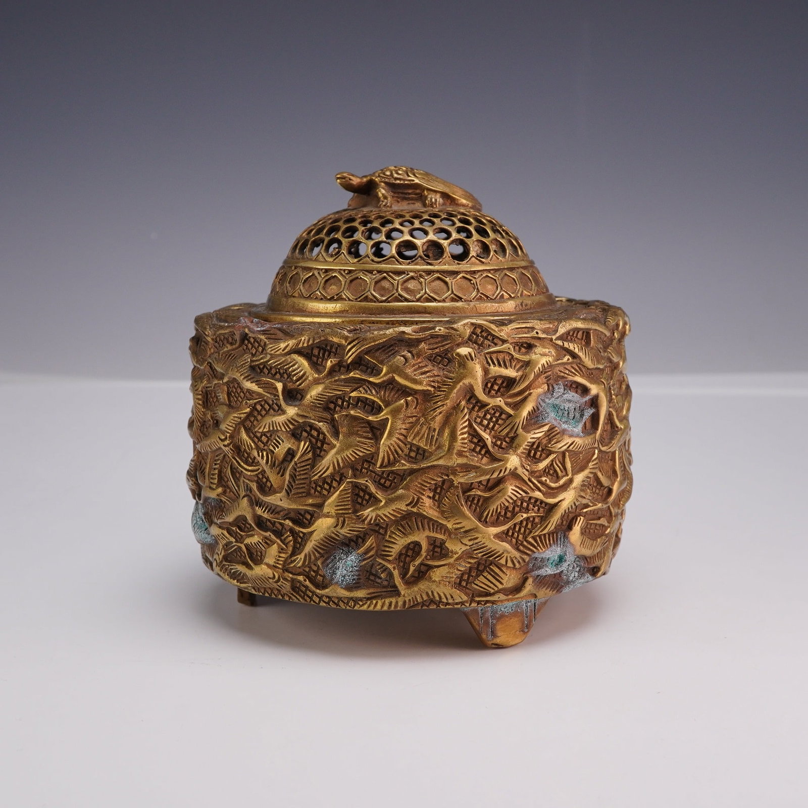 Chinese Brass Crane and Turtle Tripod Incense Burner with Apocryphal Xuande Mark (1 of 3)