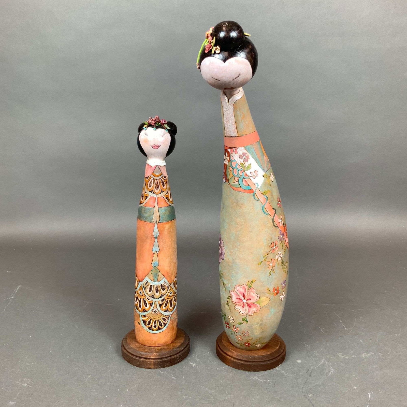 2pc Hand-Painted Wooden Figurines in the Style of Japanese Kokeshi Dolls (1 of 3)