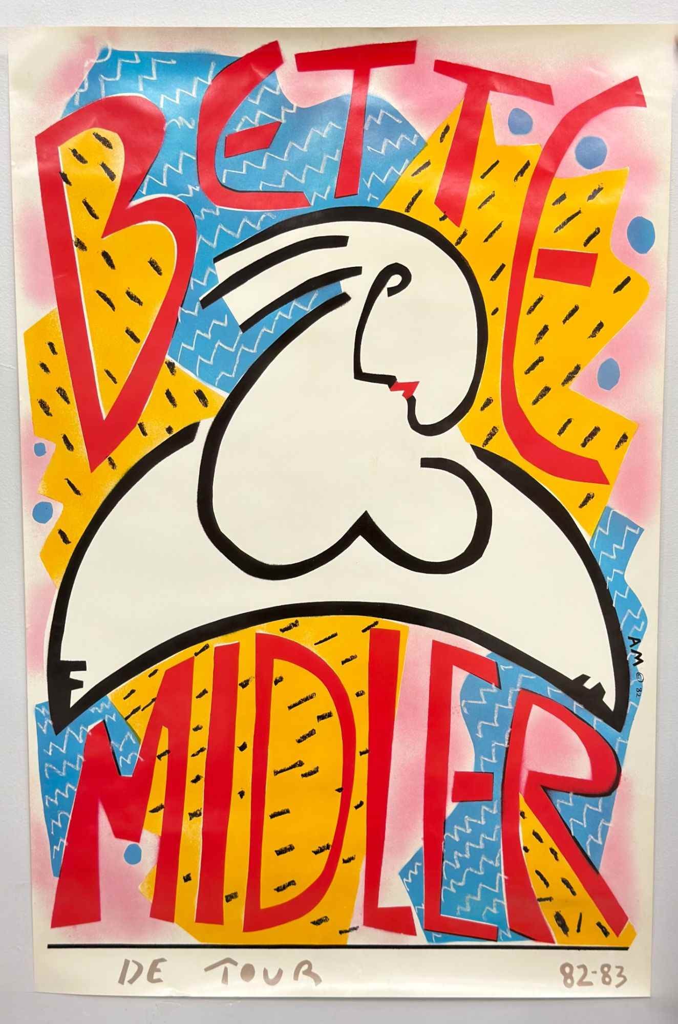 AM (Andre Miripolsky), Bette Midler De Tour 1982-1983 Poster and Souvenir Pictorial Tour Booklet: This lot comprises two promotional items for Bette Midler's 1982-1983 De Tour. The primary item is a vibrant serigraph poster featuring the artist mark AM 82 printed on the right side, attributed to