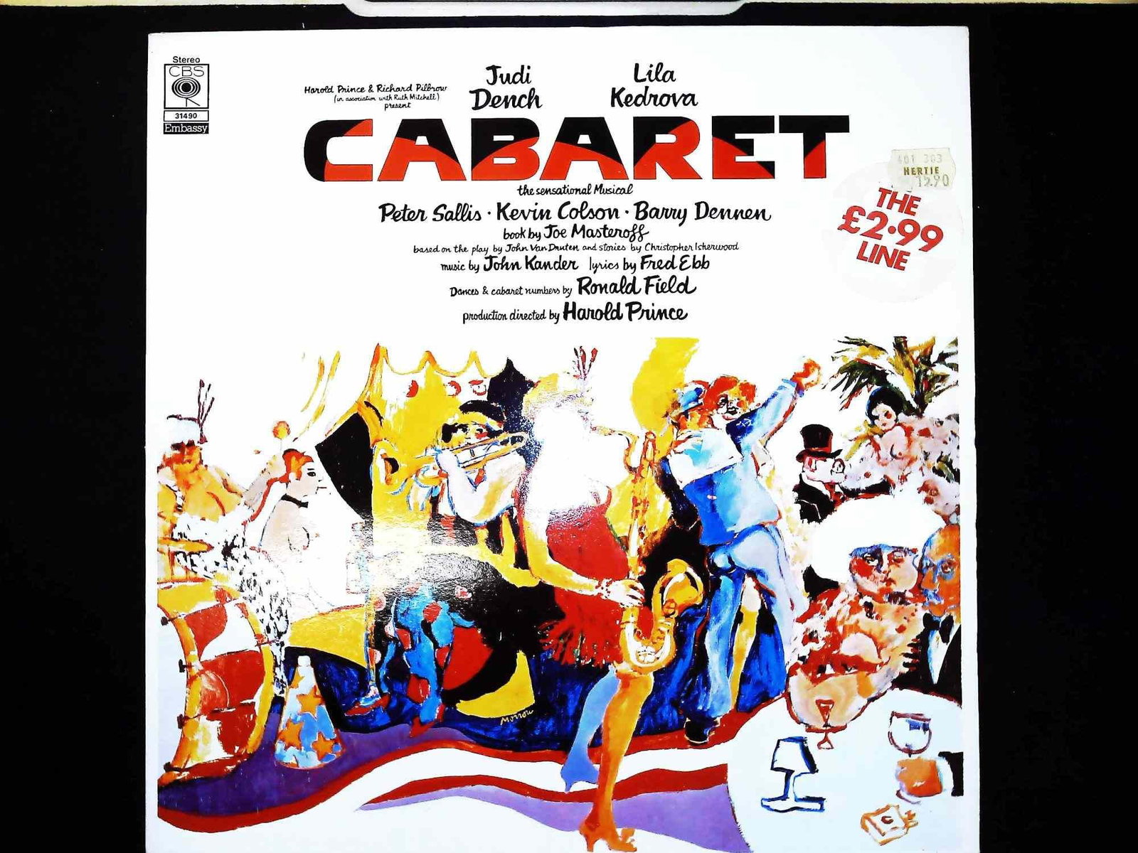Original London Cast Cabaret Starring Judi Dench CBS Embassy 31490: This 12-inch vinyl LP features the Original London Cast recording of the musical Cabaret, released in 1973. The recording stars Judi Dench as Sally Bowles, with Lila Kedrova, Peter Sallis, Kevin