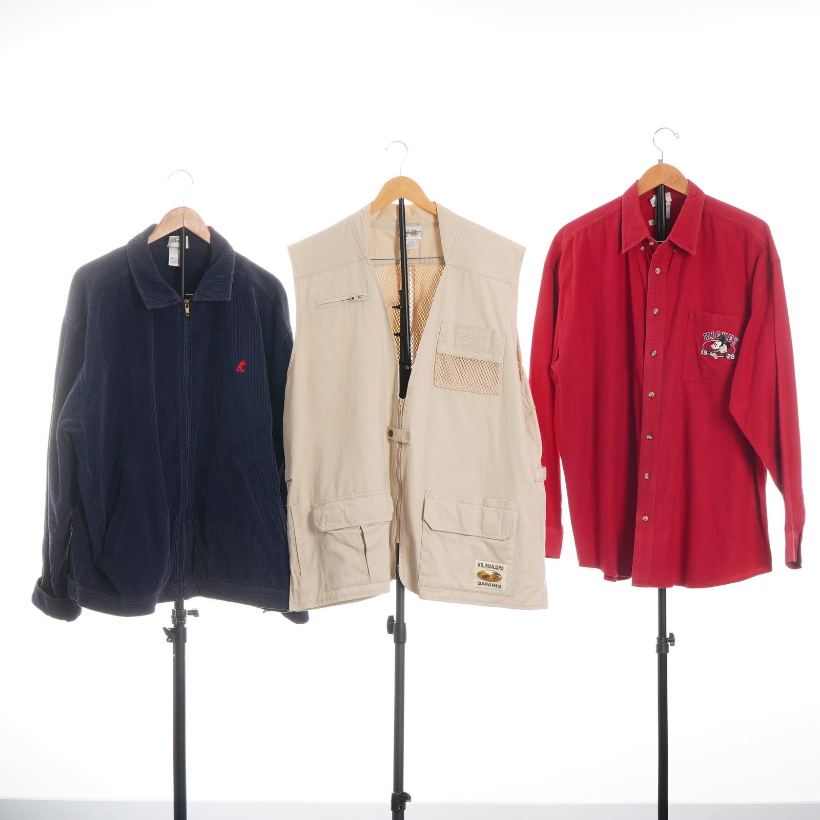 3pc Pieces of Extra Large Disney Wear Including a Red Flannel Shirt Tan Utility Vest and Blue (1 of 4)