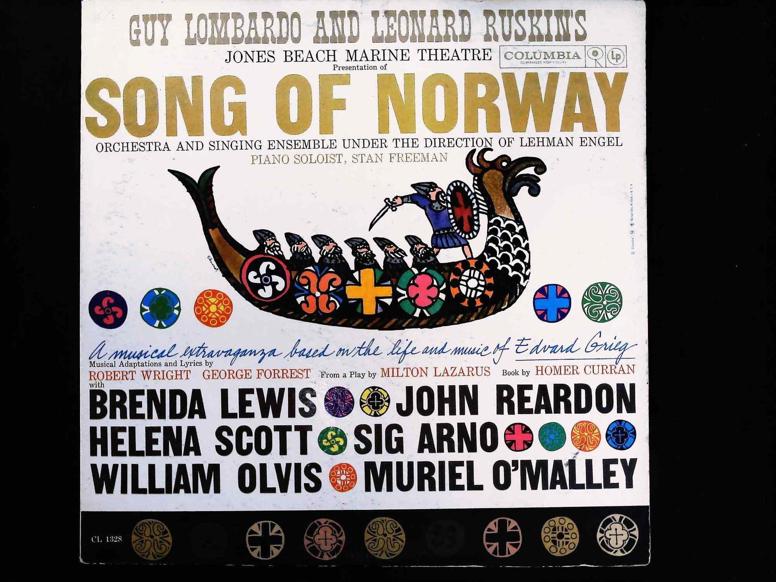 Columbia LP CL 1328 Guy Lombardo Song of Norway Promotional Pressing: A vintage Columbia LP record album, catalog number CL 1328, featuring the original cast recording of "Song of Norway" as presented by Guy Lombardo and Leonard Ruskin's Jones Beach Marine Theatre. The 