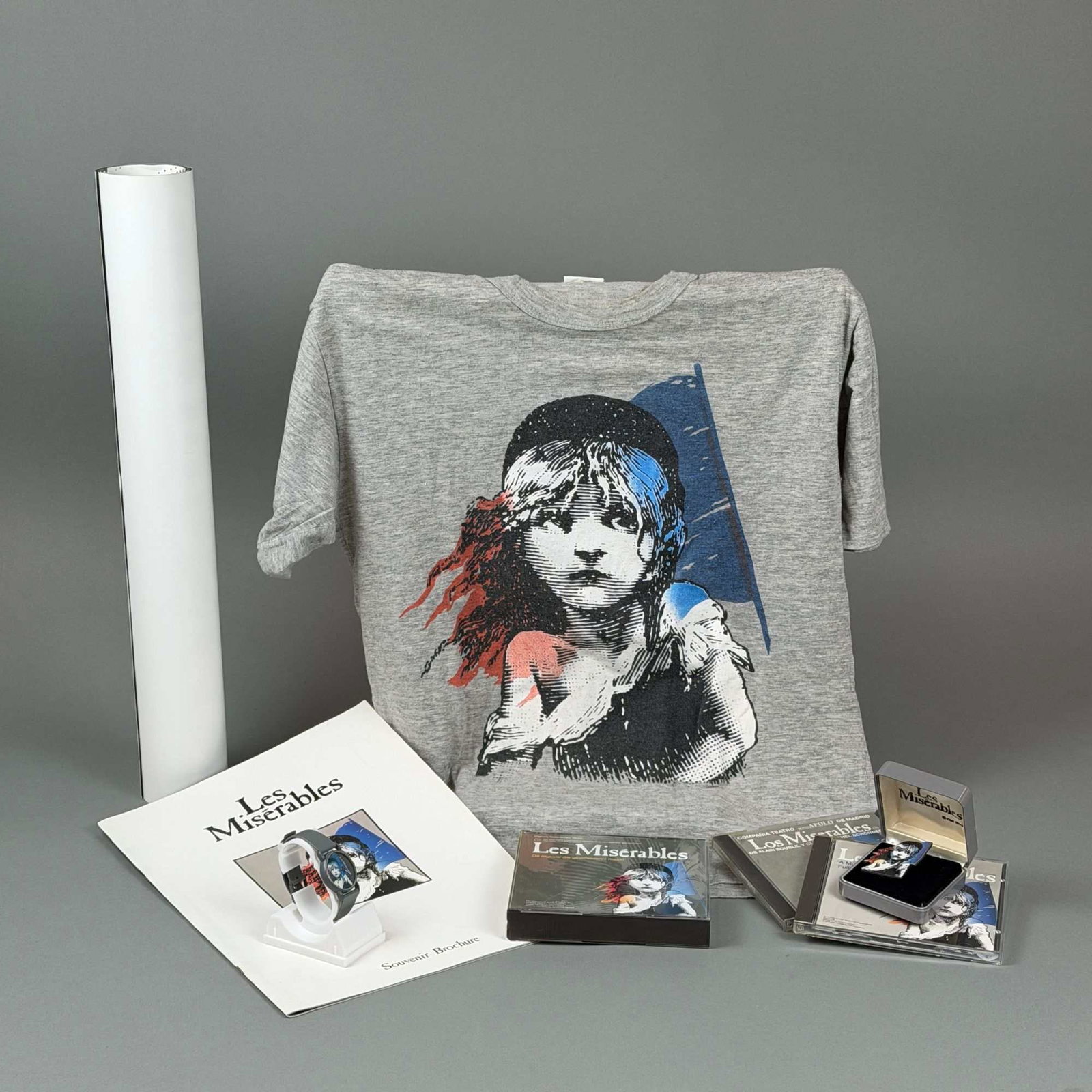 8pc Les Miserables Grouping Including Poster, Watch, Pin, Souvenir Brochure, Medium Tee-Shirt, and (1 of 3)