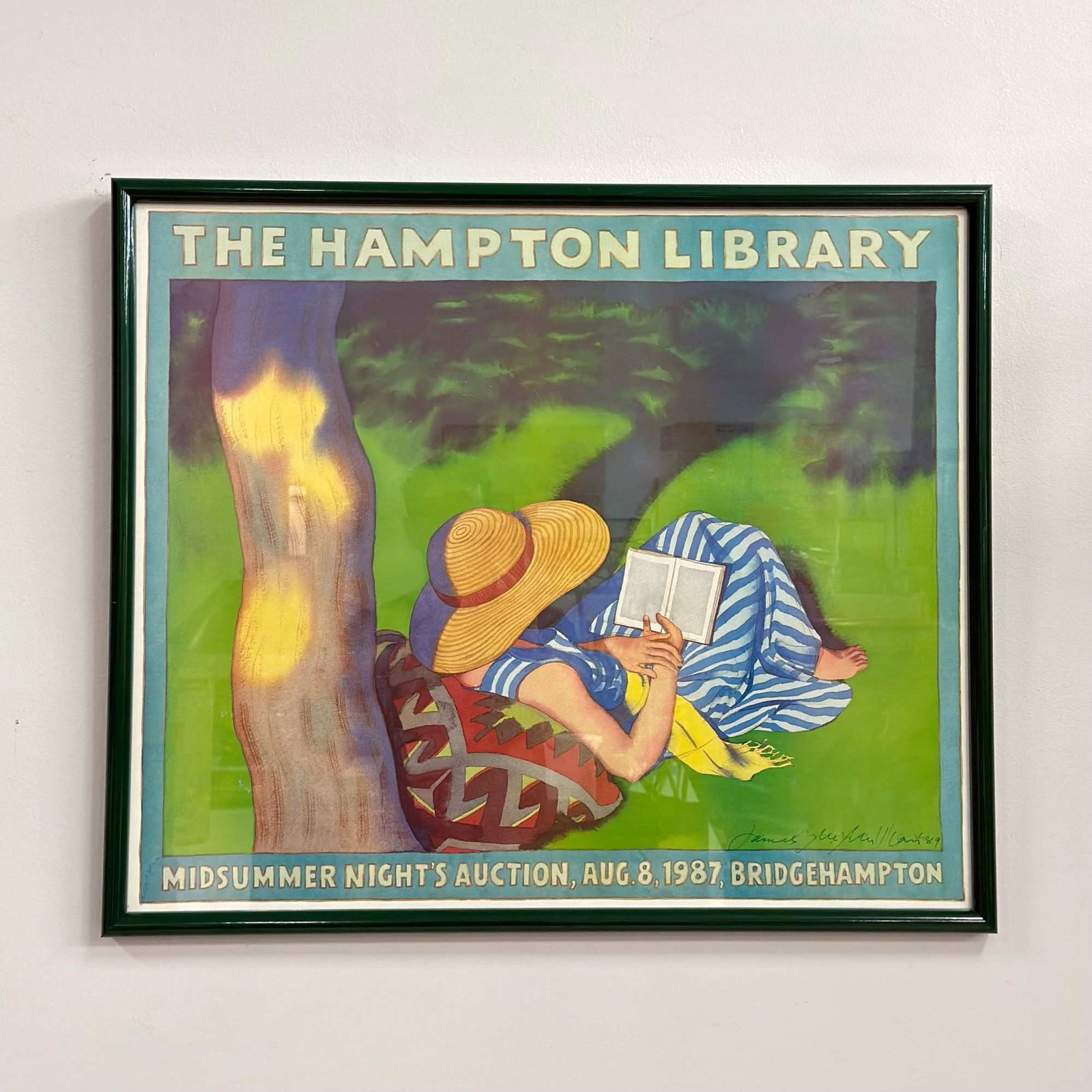 James McMullan (1934-2019), Signed The Hampton Library Poster, 1987: This offset lithograph poster, titled The Hampton Library, features a stylized illustration by artist James McMullan (Irish-Canadian, 1934-2019). The artwork depicts a figure in a wide-brimmed straw