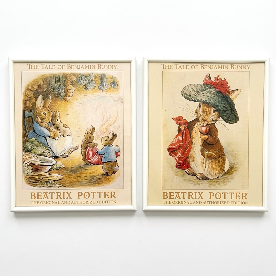 A Pair of Framed Beatrix Potter The Tale of Benjamin Bunny Posters: This lot features a pair of framed offset lithographic posters after original watercolor illustrations by Beatrix Potter for her book The Tale of Benjamin Bunny. The first poster depicts an interior s