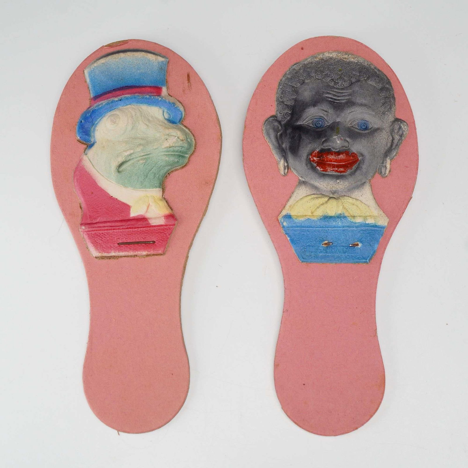 2pc Antique German Embossed Cardboard Frog and African American Caricature Clapper Noisemakers (1 of 3)
