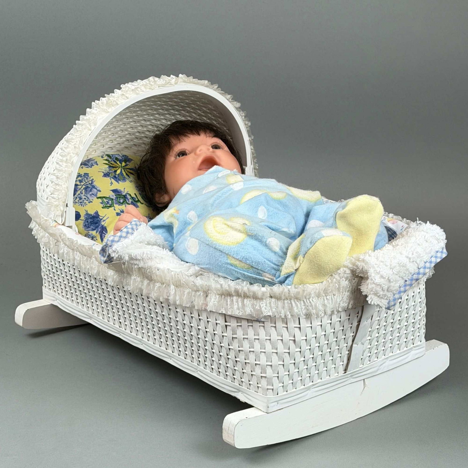 Lee Middleton Doll Company Boy Doll with Wicker Rocking Bassinet (1 of 3)