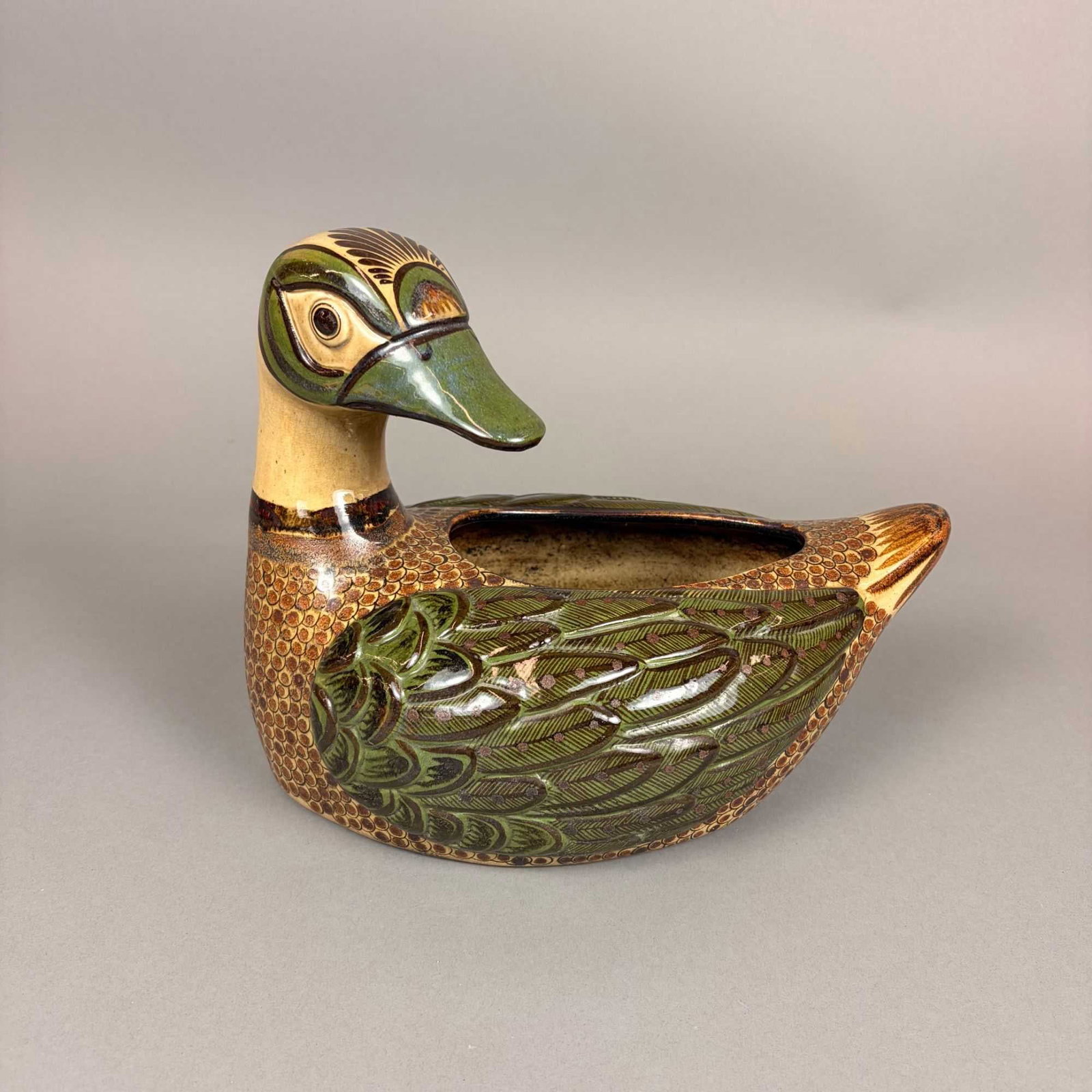 Carlos Villanueva Signed Tonala Mexican Pottery Duck Planter (1 of 4)