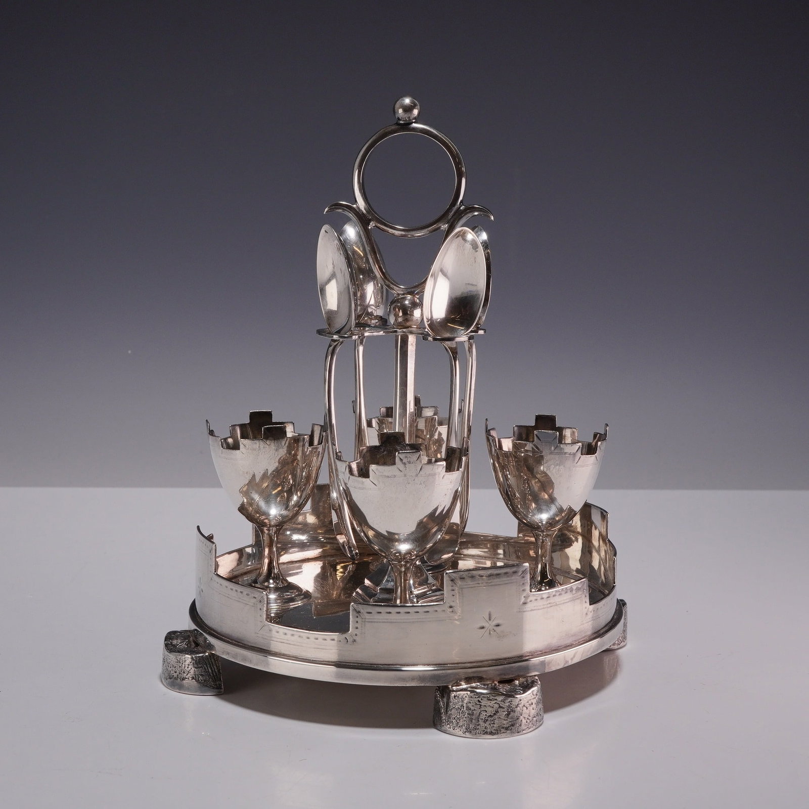 Silver-Plated Egg Cups and Spoons on Stand in the Style of Christopher Dresser (1 of 3)