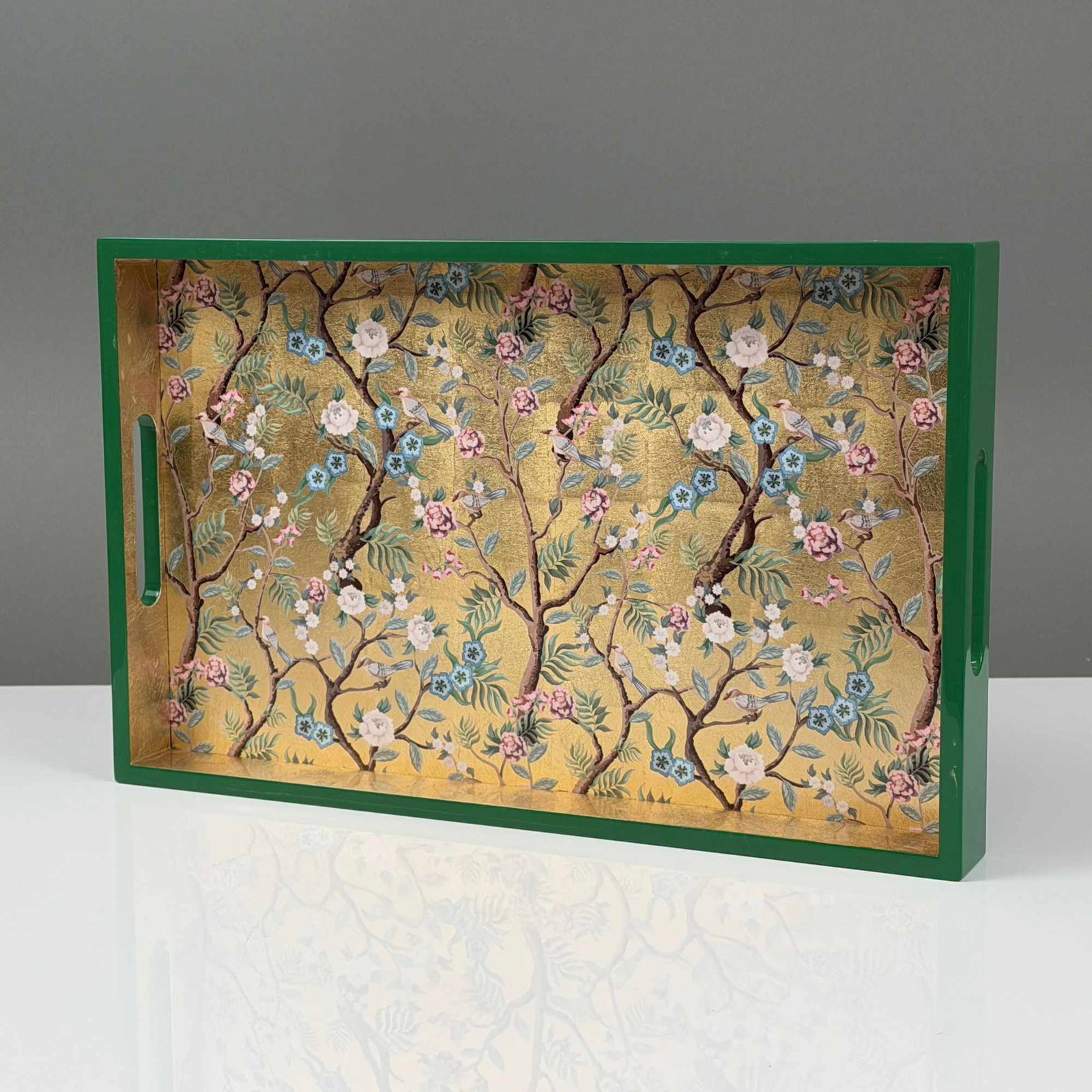 L?ART Chinoiserie Songbird and Floral Lacquer Serving Tray (1 of 4)