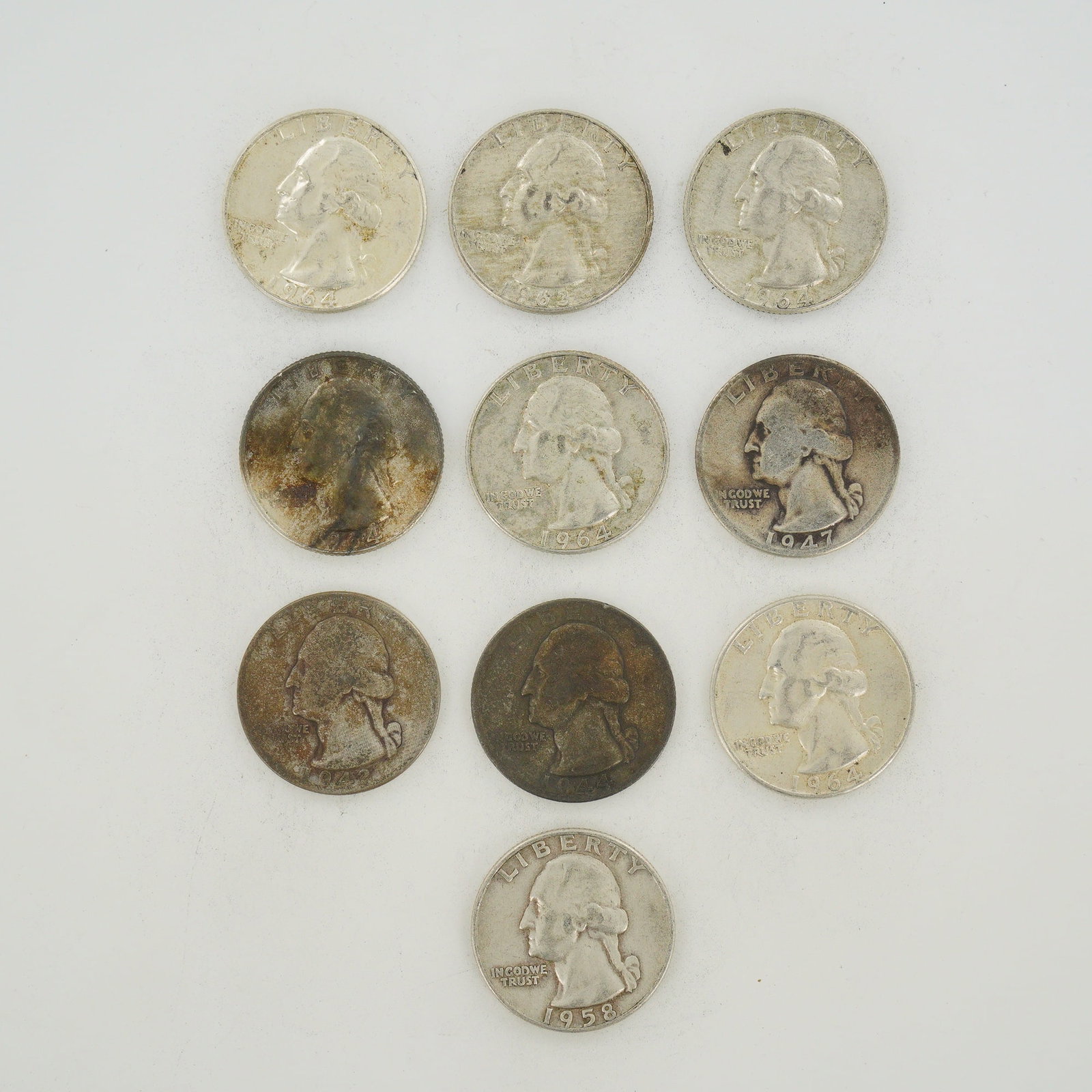 10pc Collection of US Silver Washington Quarters, 1942-1964 (1 of 2)