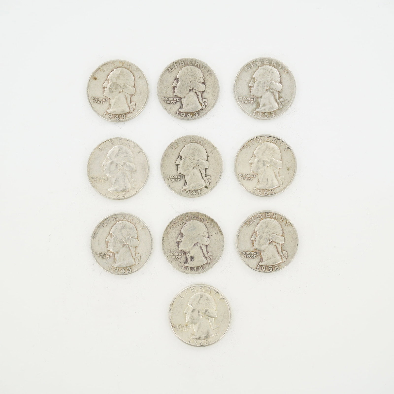 10pc Pre-1964 U.S. 90% Silver Washington Quarters: A group of ten US Washington quarter dollars struck in 90% silver. The collection includes various dates and mint marks from the Philadelphia, Denver (D), and San Francisco (S) mints. The coins featur