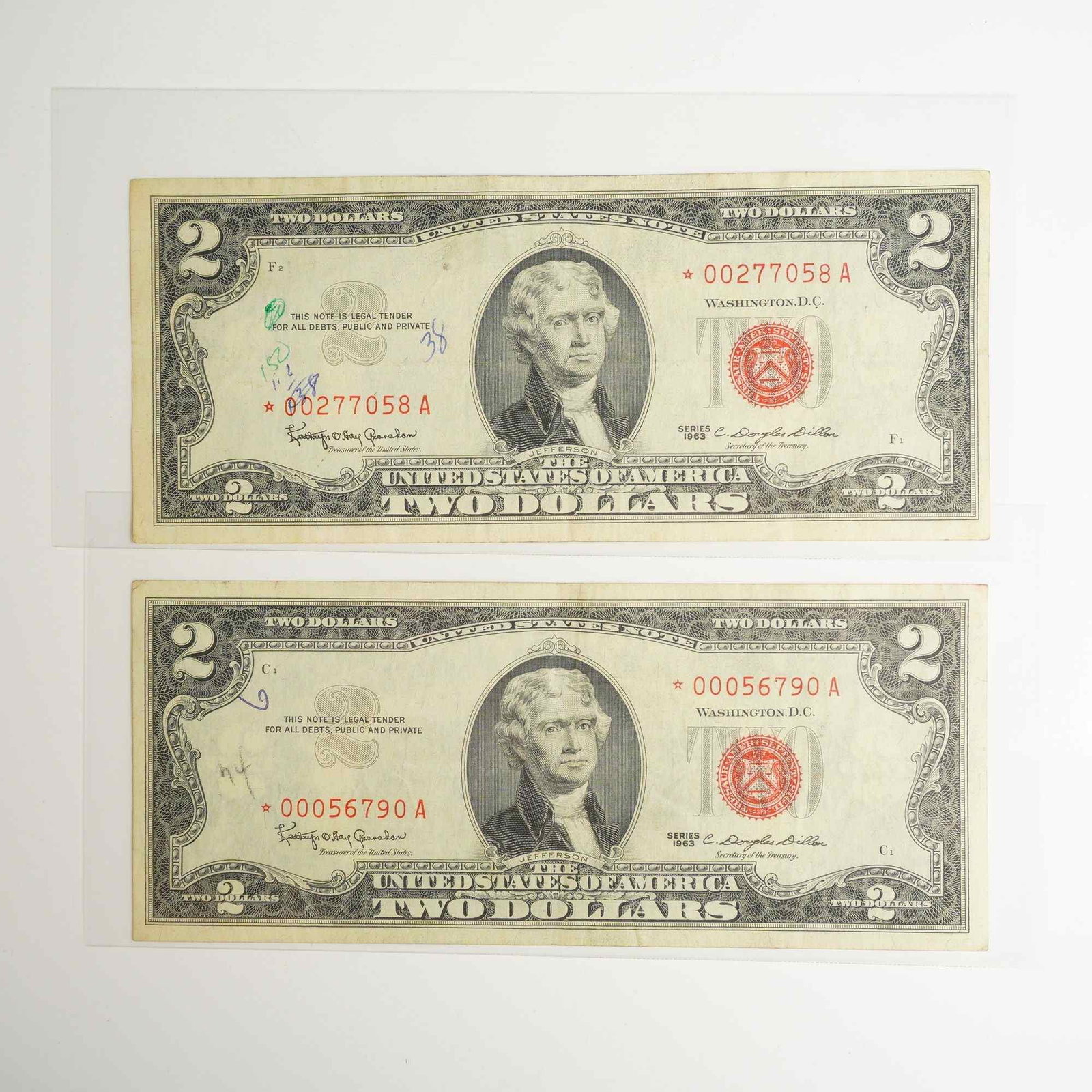 Two 1963 US Two Dollars Red Seal Star Notes (1 of 2)