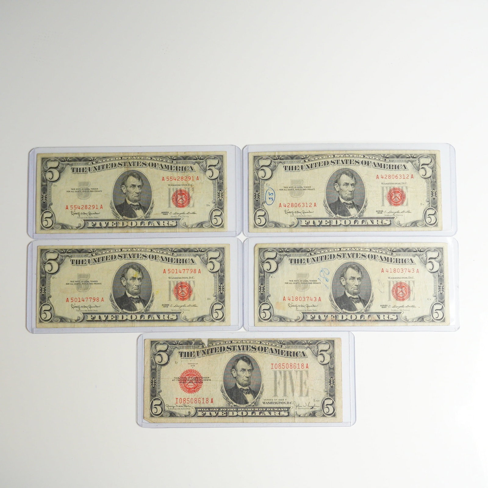 Five 1928 F and 1963 US Five Dollars Red Seal Notes (1 of 2)