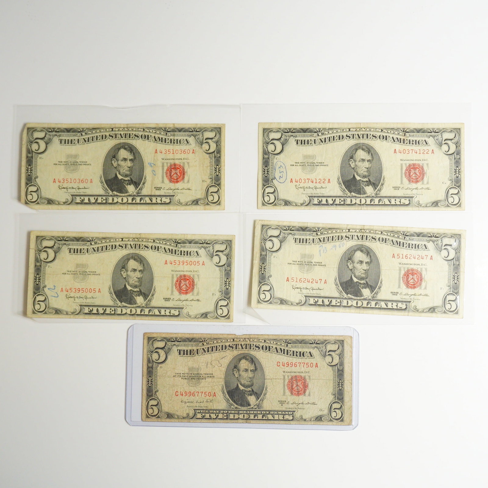 Five 1953B and 1963 US Five Dollars Red Seal Notes (1 of 2)