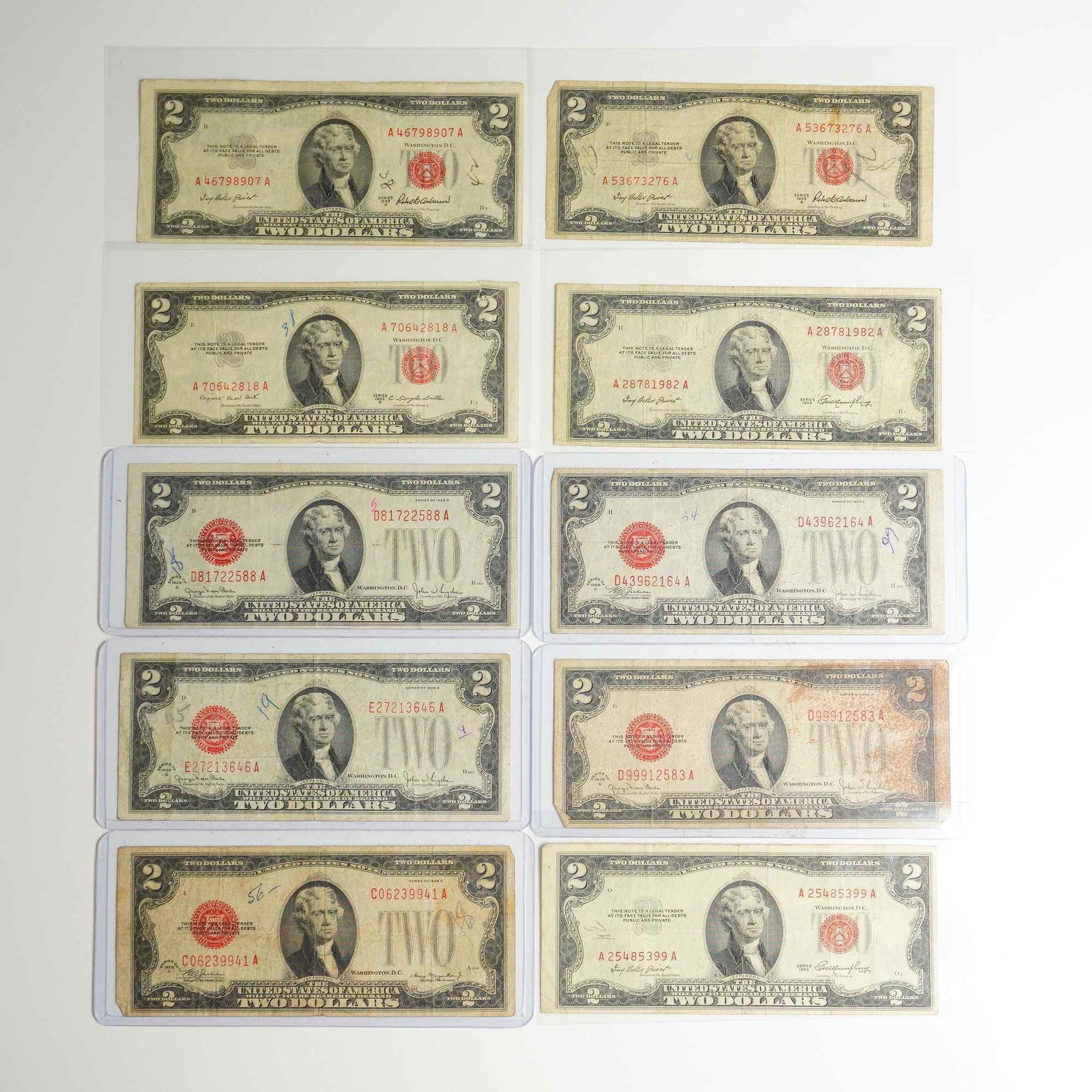 Ten 1928-D, F & G, 1953, 1953-A & B US Two Dollars Red Seal Notes (1 of 2)