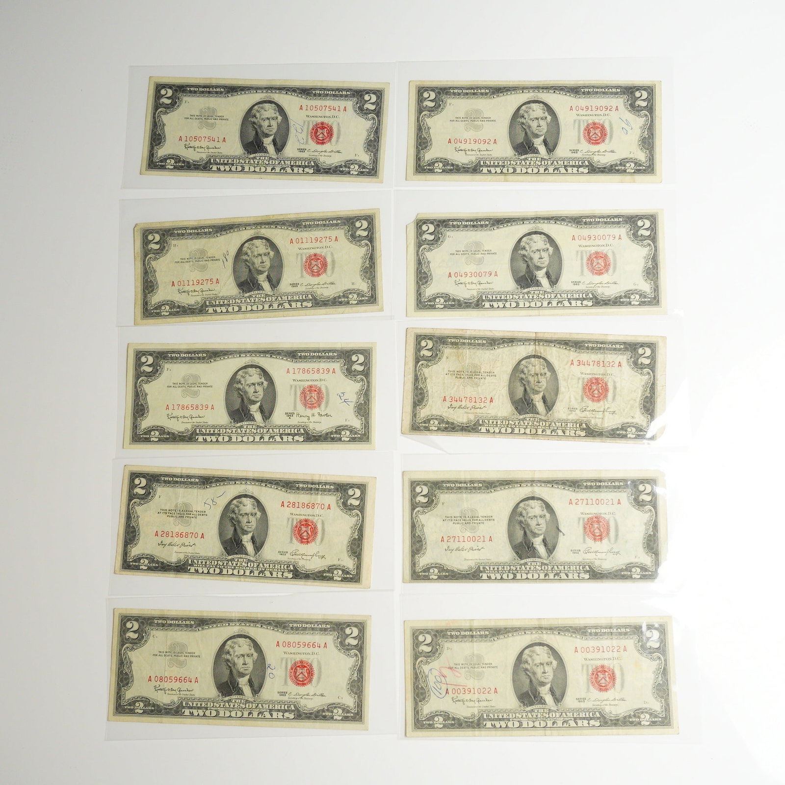Ten 1953, 1963 and 1963 A US Two Dollars Red Seal Notes (1 of 2)