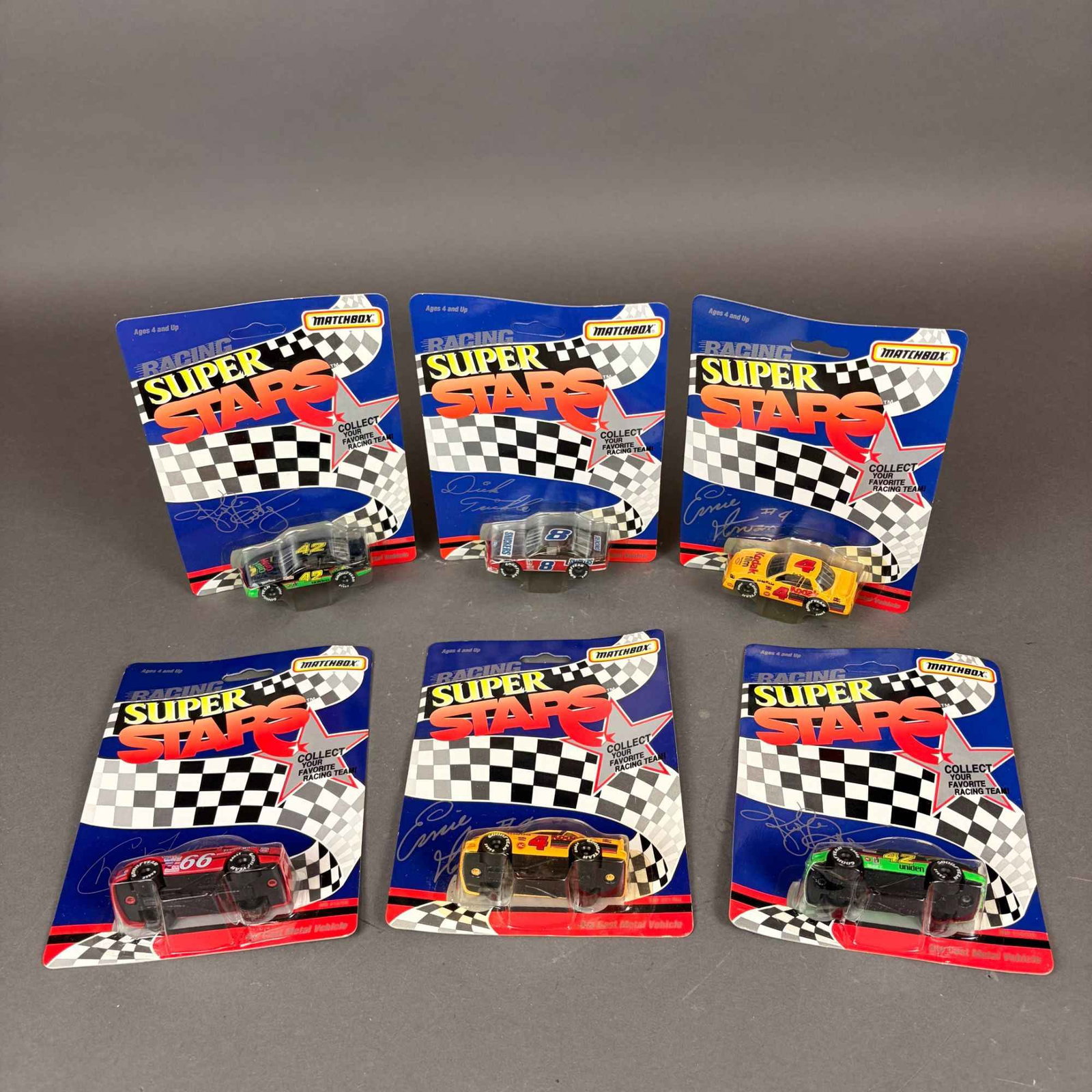 6pc Matchbox Racing Super Stars Die Cast Metal Cars: In original packaging. Collection includes two Kyle Petty #42 cars, two Ernie Irvan #4 cars, one Chad Little #66 car, and one Dick Trickle #8 car. Each die-cast metal racing car is presented in its or