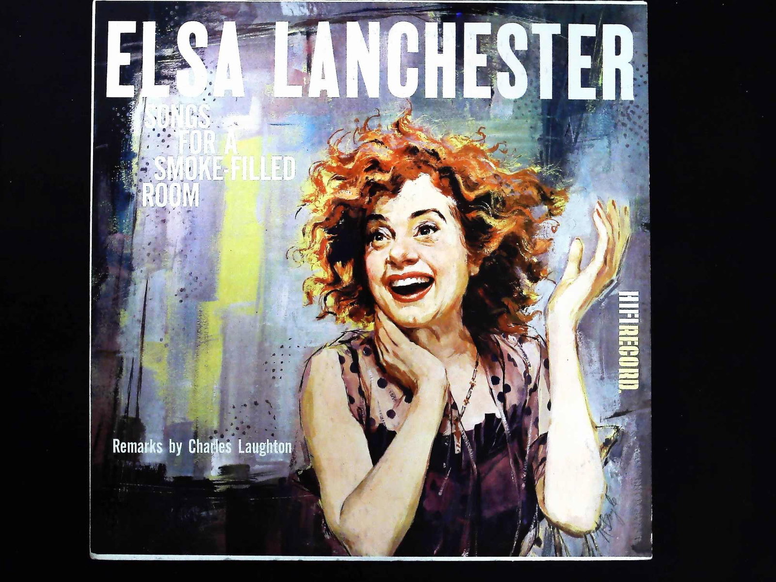 Elsa Lanchester Songs for a Smoke-Filled Room LP Record: A vintage long-playing (LP) vinyl record album featuring actress and singer Elsa Lanchester, titled Songs for a Smoke-Filled Room. The lot includes the black vinyl record and its original accompanying