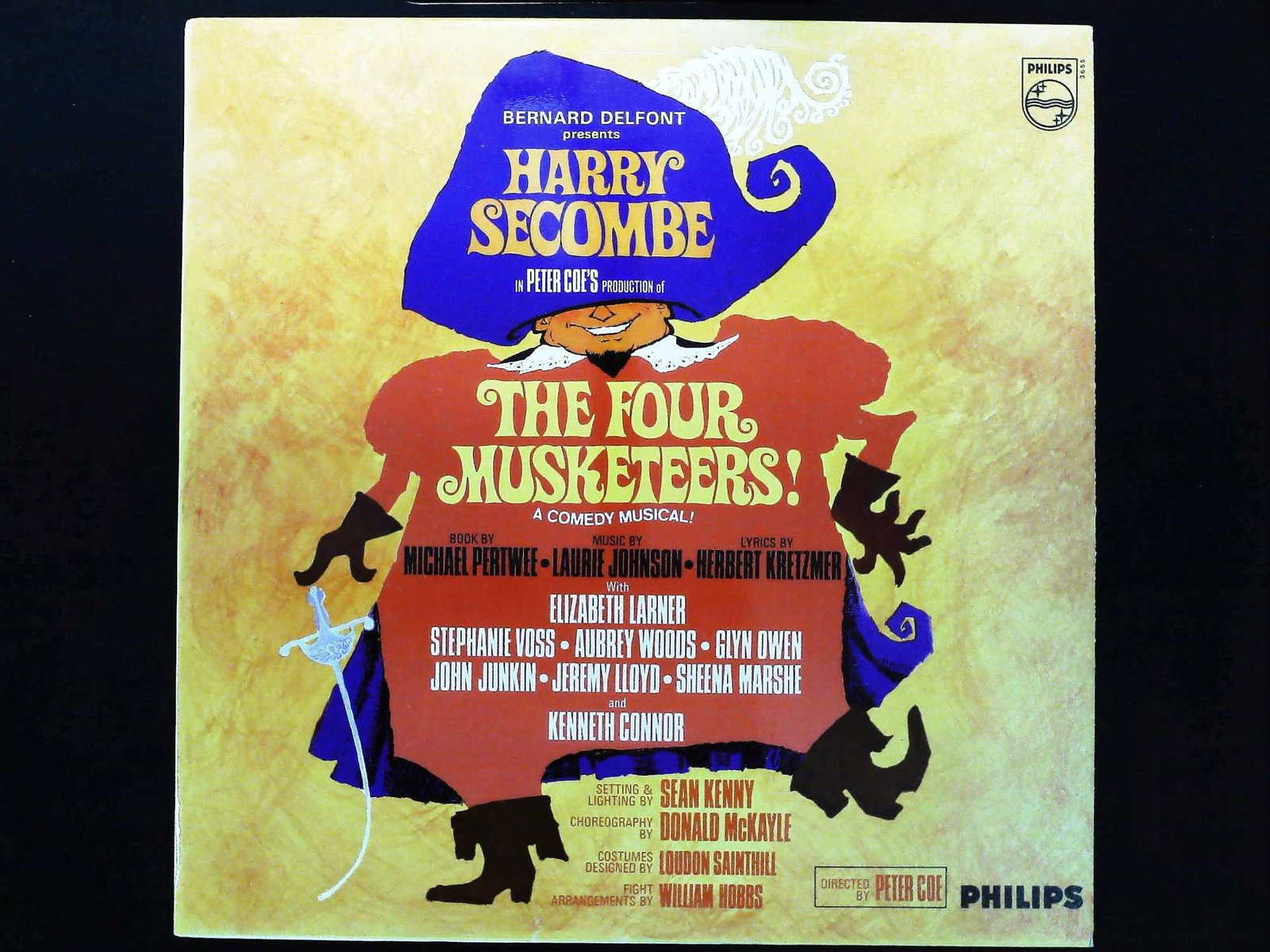 Original London Cast. The Four Musketeers! A Comedy Musical! Philips, 1967. First Pressing.: Original London Cast starring Harry Secombe. The Four Musketeers! A Comedy Musical! London: Philips, 1967. First pressing, stereo edition. Catalog number SAL 3655. This 12-inch vinyl long-playing reco