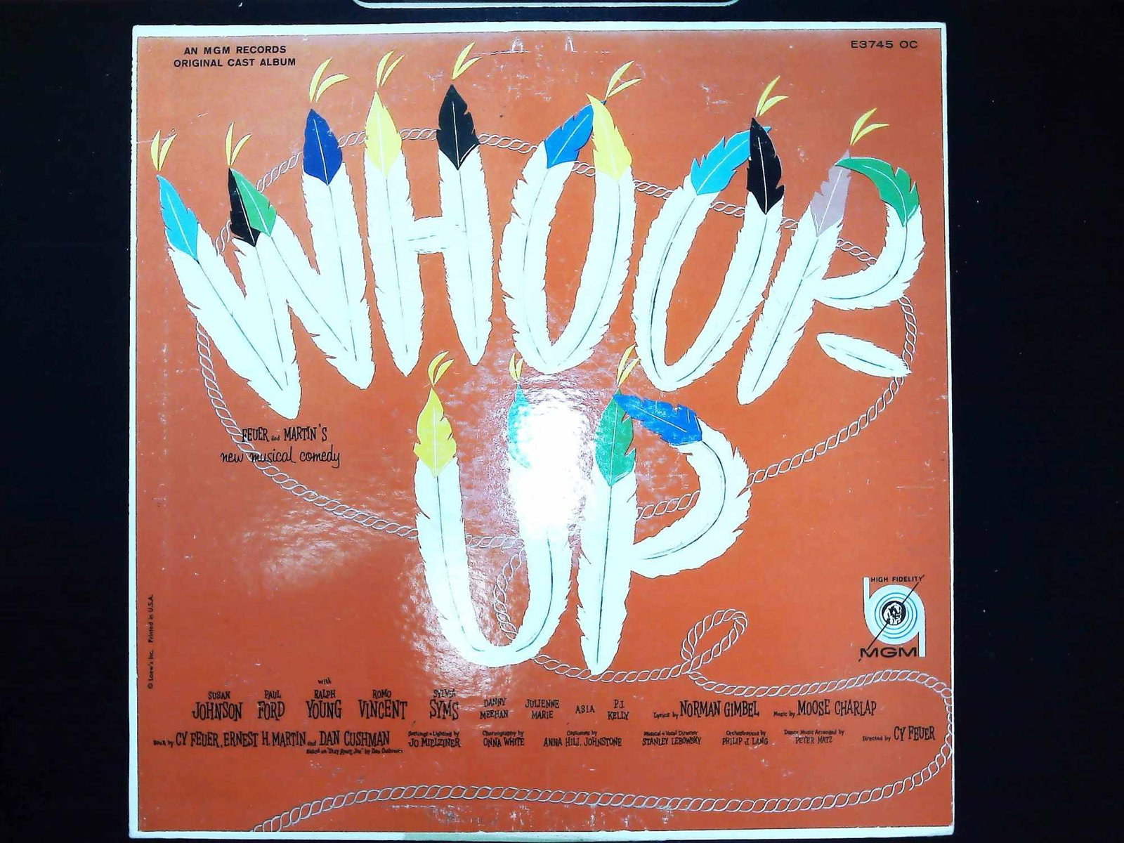 Whoop-Up Original Broadway Cast Recording Vinyl LP Jacket MGM Records E3745 OC: This is an original monaural cast album jacket for the 1958 Broadway musical Whoop-Up, released by MGM Records. The production features music by Moose Charlap and lyrics by Norman Gimbel, with a book