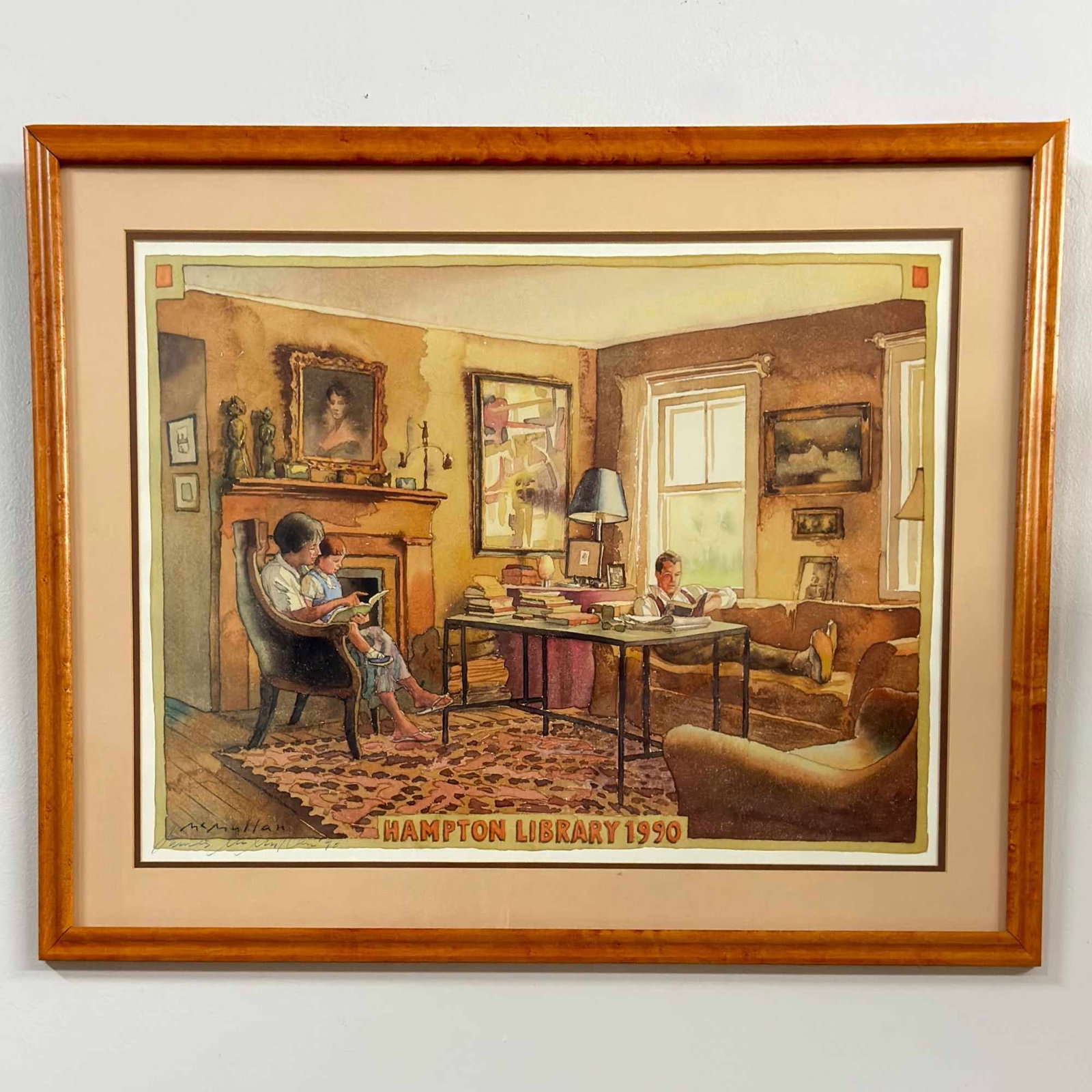 James McMullan (Irish-Canadian, 1934-2019), Hampton Library 1990, Framed and Signed Poster: This framed and signed poster by James McMullan (Irish-Canadian, 1934-2019) is titled Hampton Library 1990. The illustrative composition depicts a domestic library interior where a woman and child