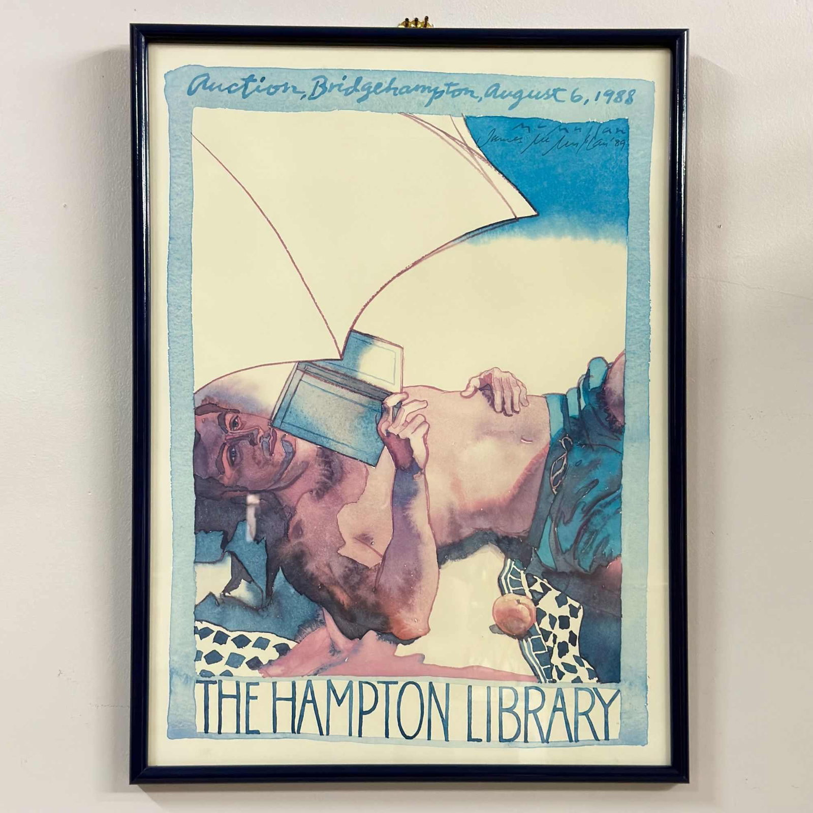 James McMullan, Signed The Hampton Library Exhibition Poster, 1988: James McMullan (Irish-Canadian, 1934-2019). This exhibition poster was produced for a Hampton Library auction held in Bridgehampton on August 6, 1988. The artwork, executed in a watercolor style,