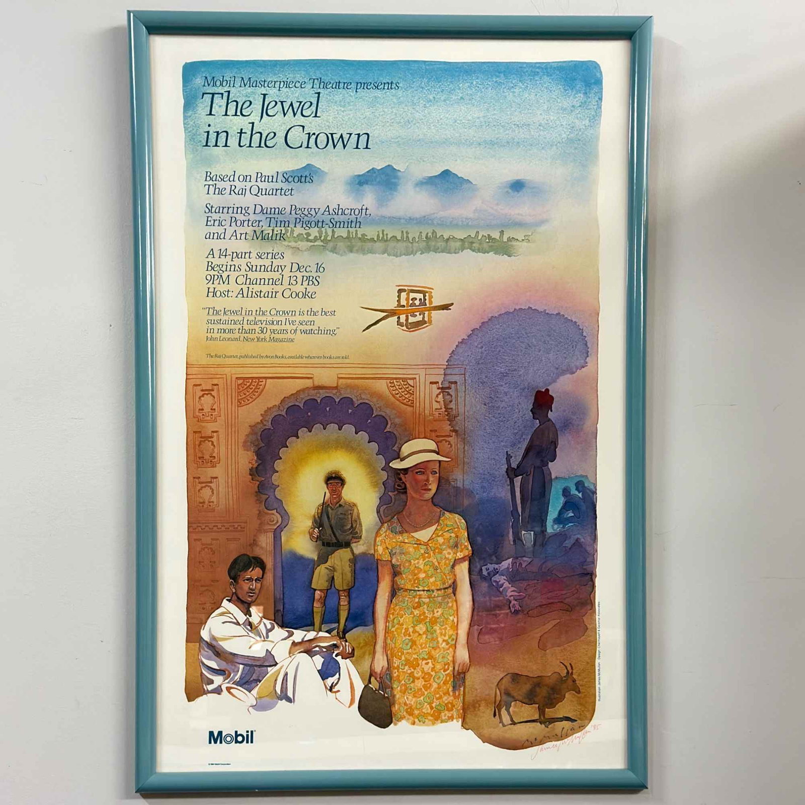 Signed James McMullan The Jewel in the Crown Mobil Masterpiece Theatre Poster: This framed offset lithographic poster was created for the Mobil Masterpiece Theatre presentation of the television miniseries The Jewel in the Crown. The artwork is by illustrator James McMullan