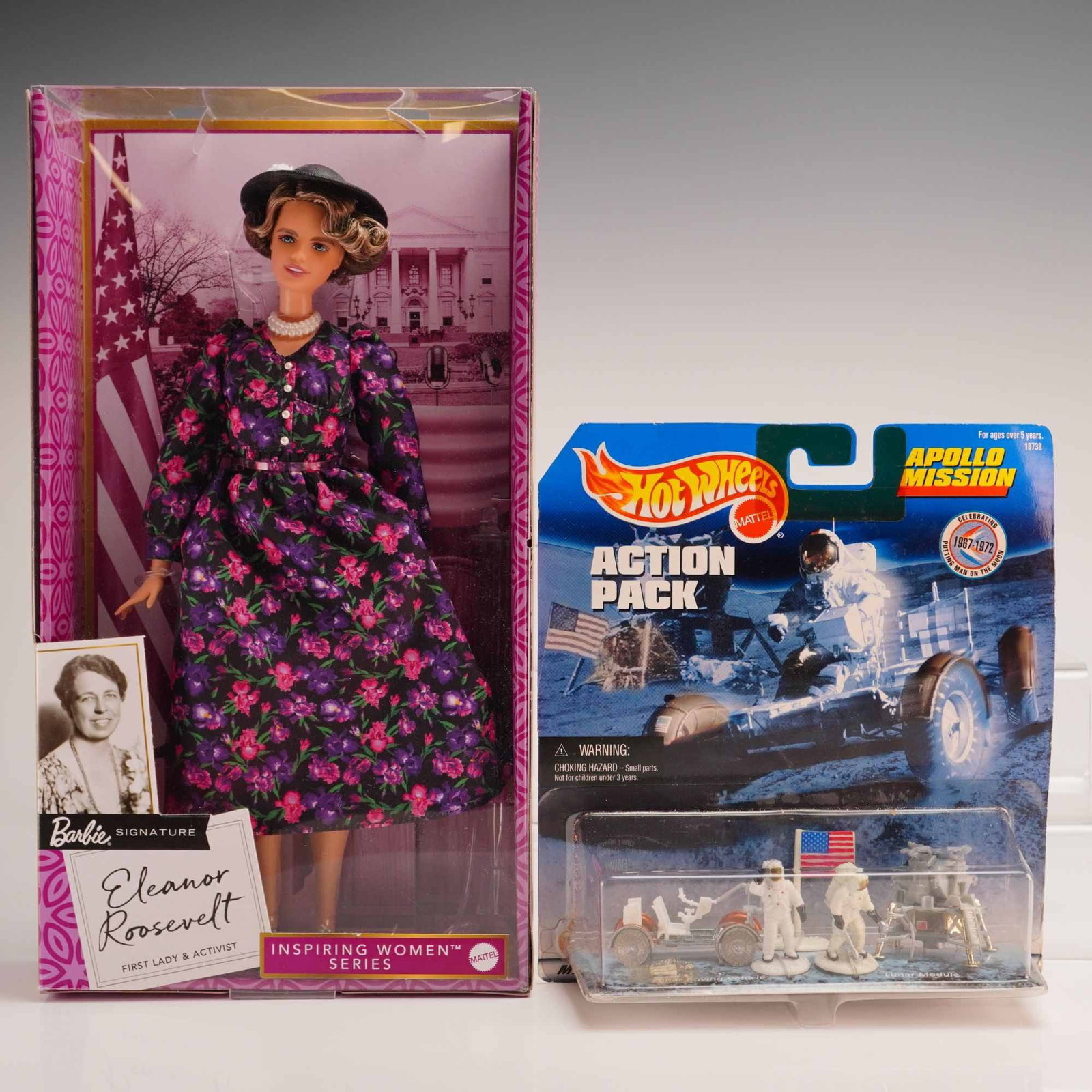 2pc Mattel Collector Items Including Eleanor Roosevelt Barbie and Hot Wheels Apollo Mission Action (1 of 3)