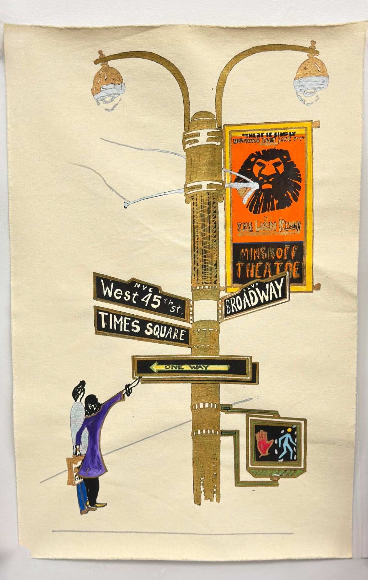 Times Square Street Scene, Mixed Media on Canvas: This mixed media work on an unstretched cream-colored textile depicts a whimsical street scene at the intersection of Broadway and West 45th Street in Times Square, New York City. The central focus