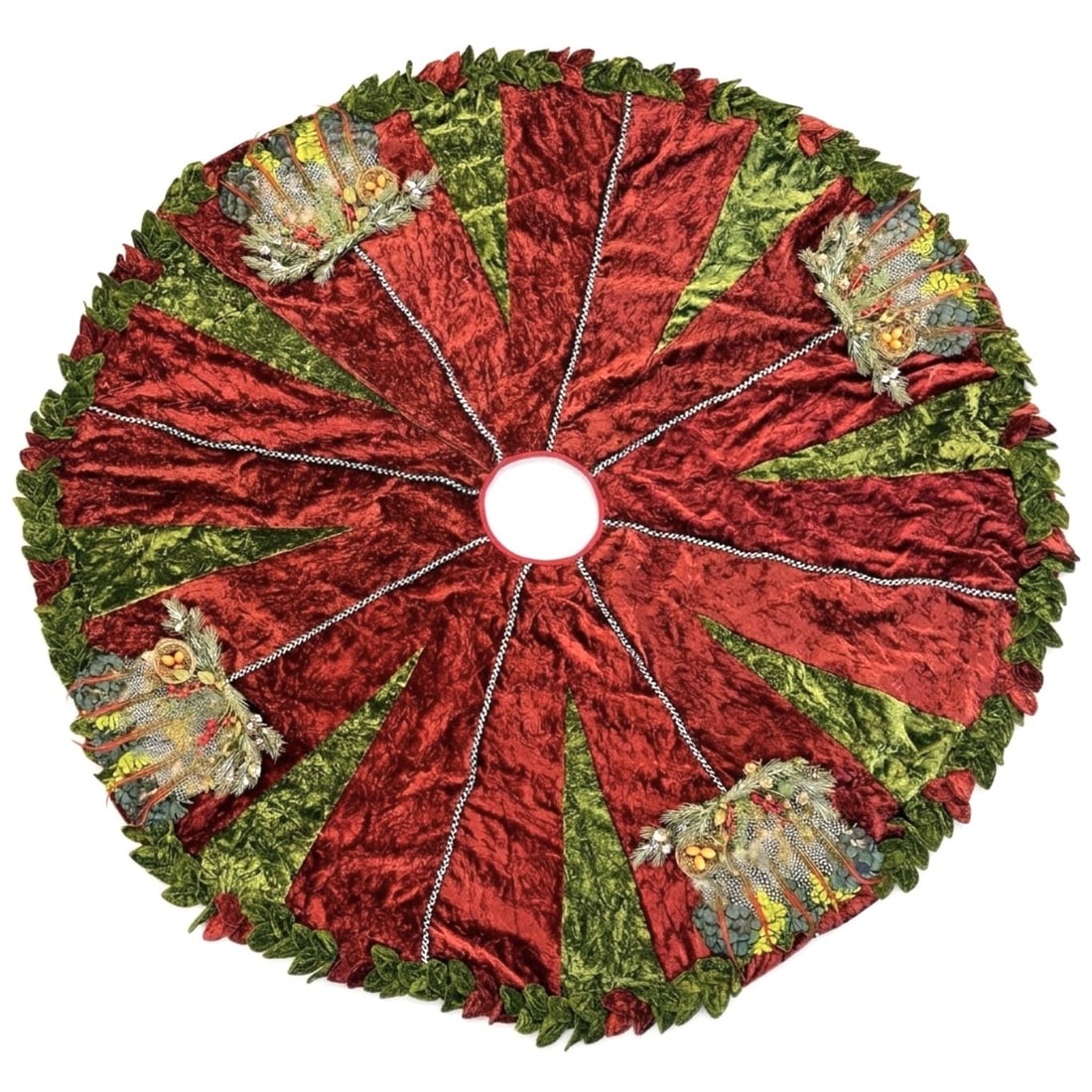 MacKenzie-Childs Rare Red and Green Velvet Christmas Tree Skirt with Snap On Woodland Nest Feathered (1 of 4)