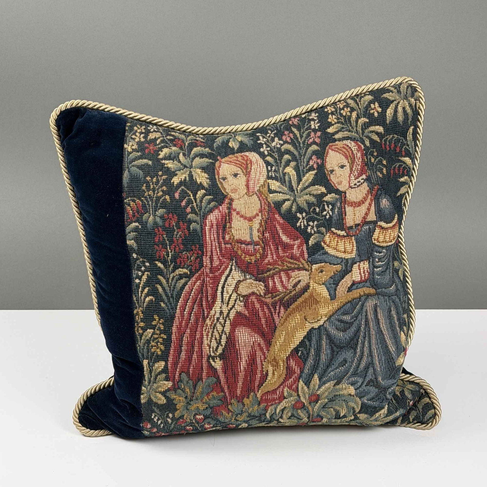 French Woven Tapestry and Navy Velvet Cushion by CJC St. Simons Island (1 of 5)