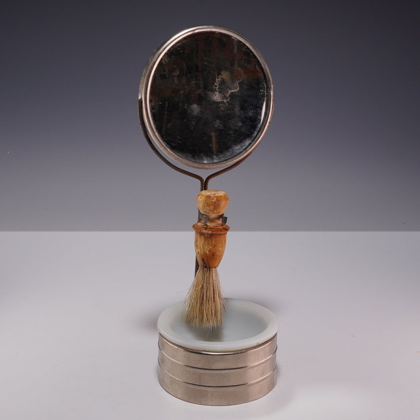 Antique Silver-Toned Shaving Stand Set with Adjustable Mirror, Milk Glass Dish, and Wooden Brush (1 of 3)