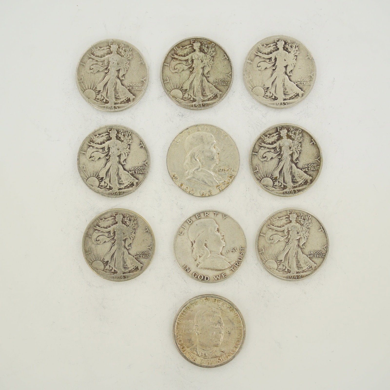 Ten US 90% Silver Half Dollars including Walking Liberty, Franklin, and Commemorative Issues (1 of 2)