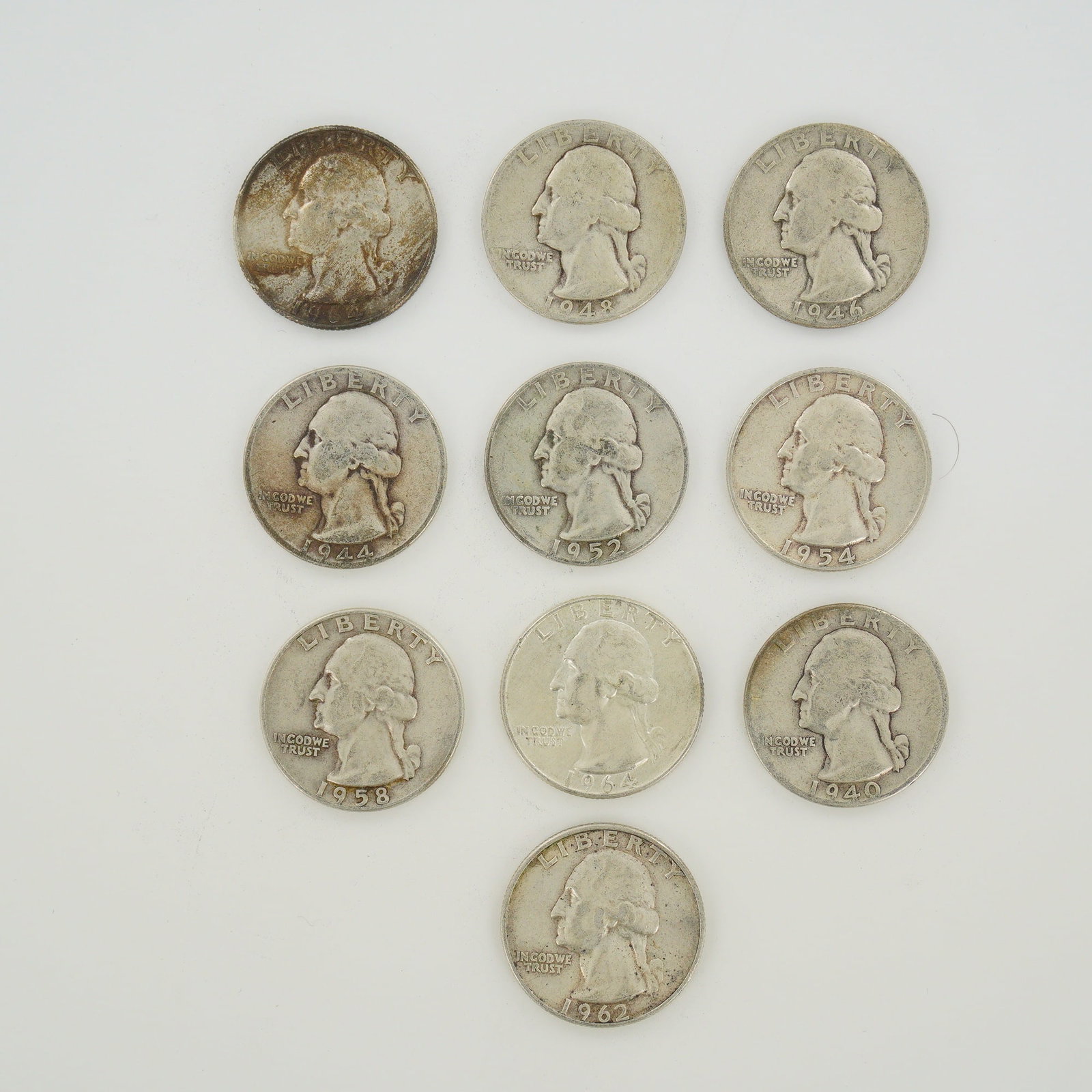 10pc Collection of US Silver Washington Quarters, 1940-1964 (1 of 2)