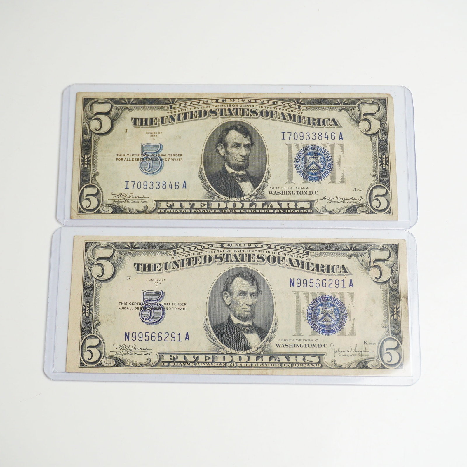 Two 1934 A & C US Five Dollars Silver Certificates Blue Seals (1 of 2)